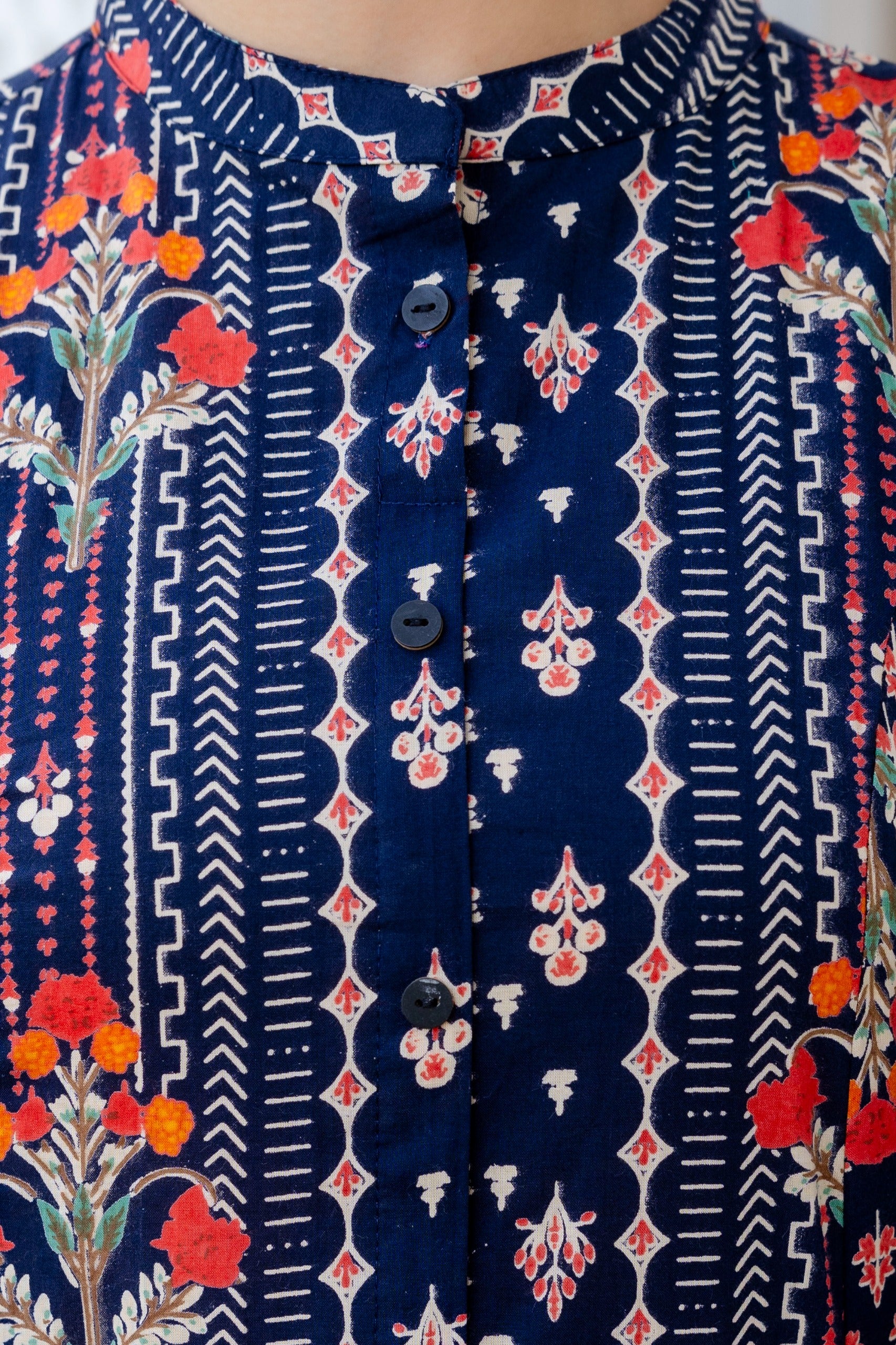 Navy Blue Floral Cotton A-line Coord Set - The Jaipur Studio