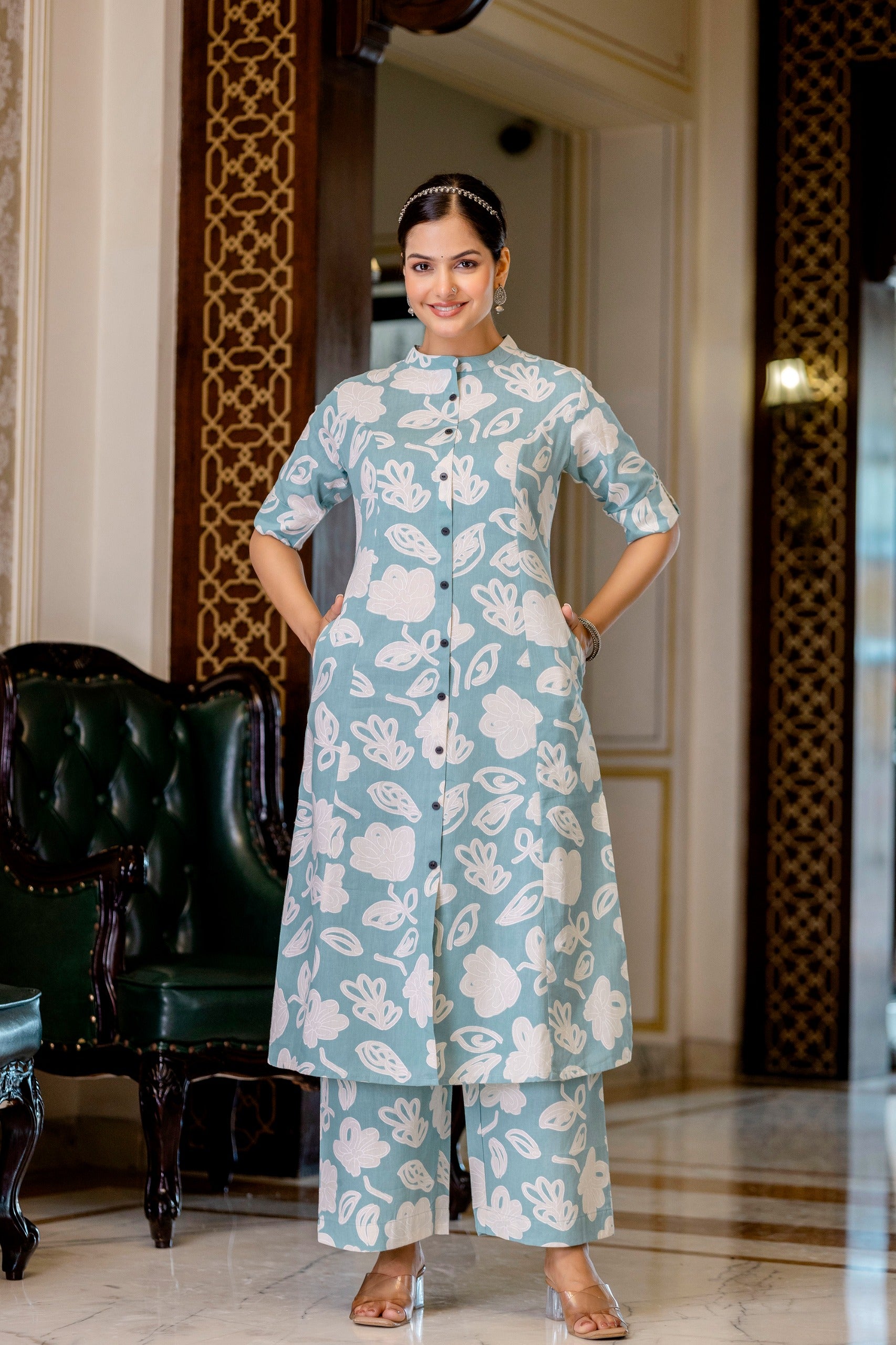 Pastel Blue Cotton A-line Coord Set - The Jaipur Studio