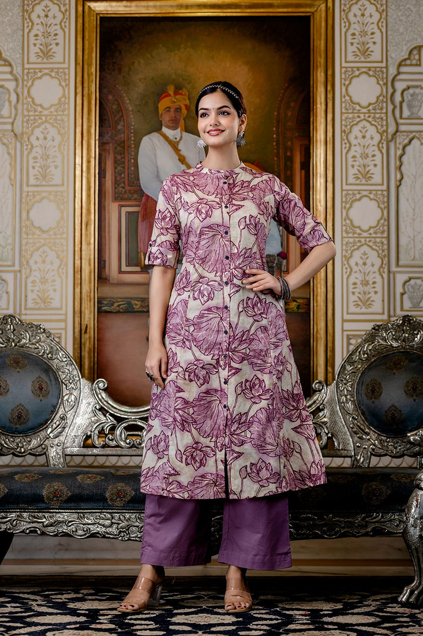 Shnaya Purple Floral Cotton A-line Coord Set - The Jaipur Studio