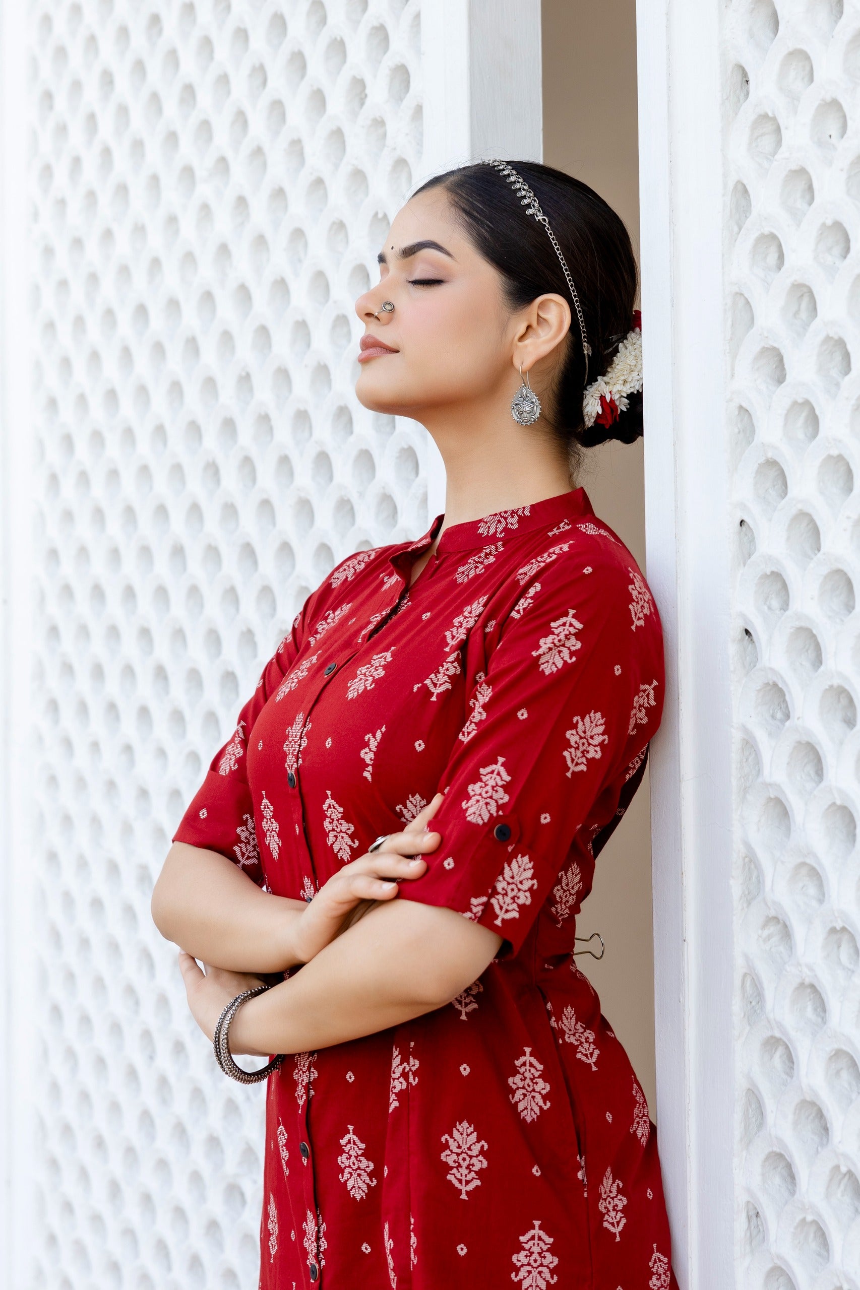 Red Jamdani Cotton A-line Coord Set - The Jaipur Studio