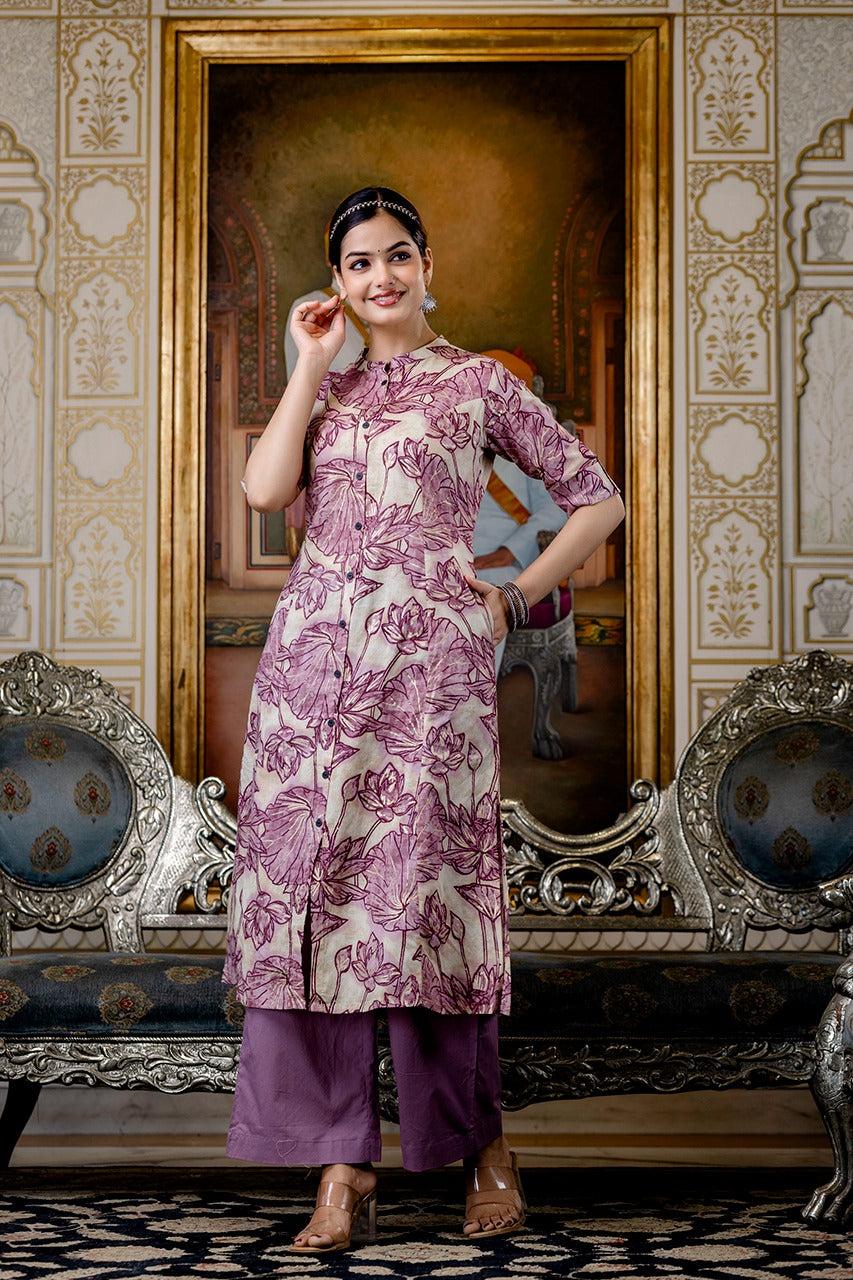 Shnaya Purple Floral Cotton A-line Coord Set - The Jaipur Studio