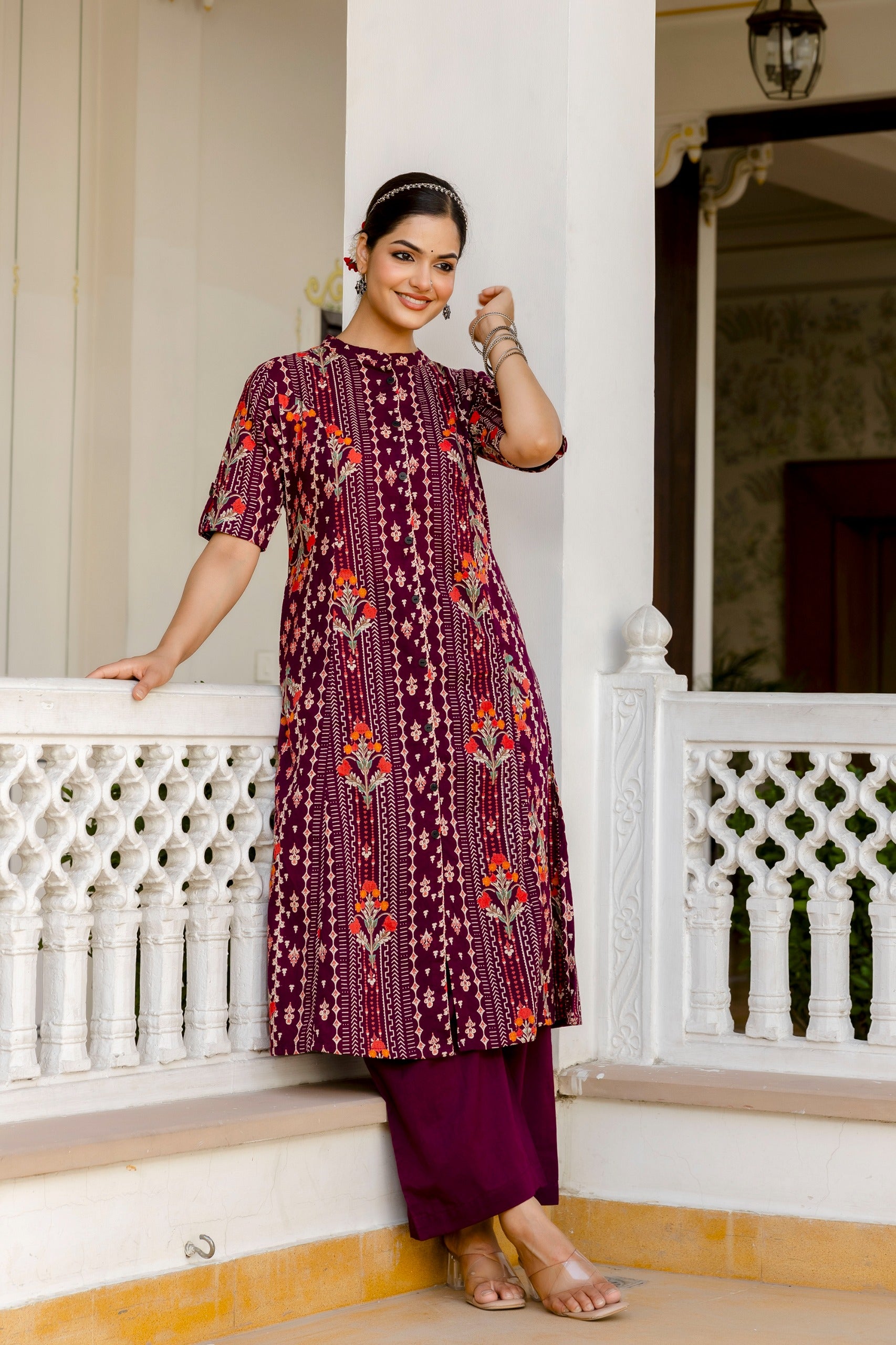 Marron Floral Cotton A-line Coord Set - The Jaipur Studio