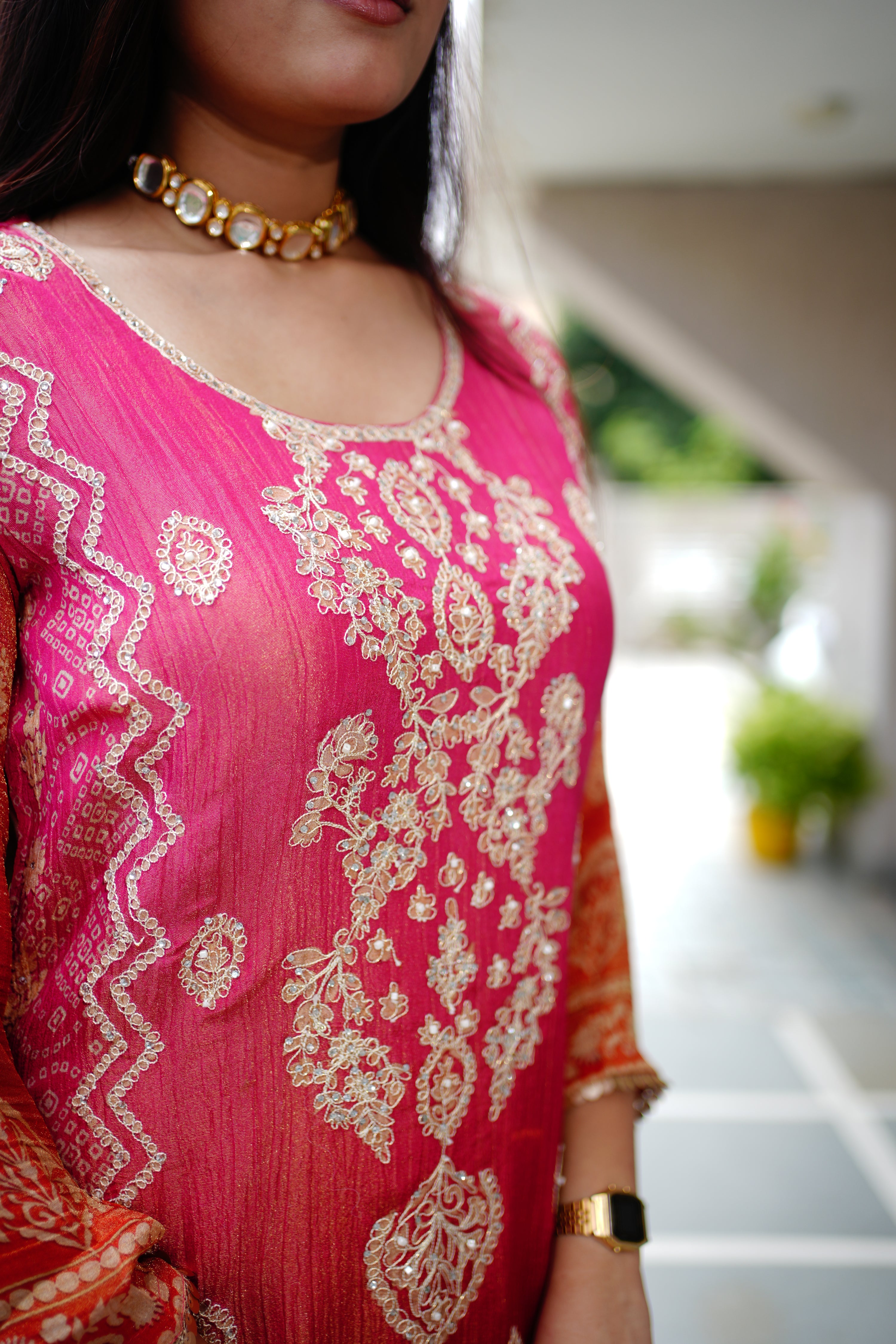 Rehana Asymmetric Shimmer Tissue  Embroidered Pant Set - The Jaipur Studio