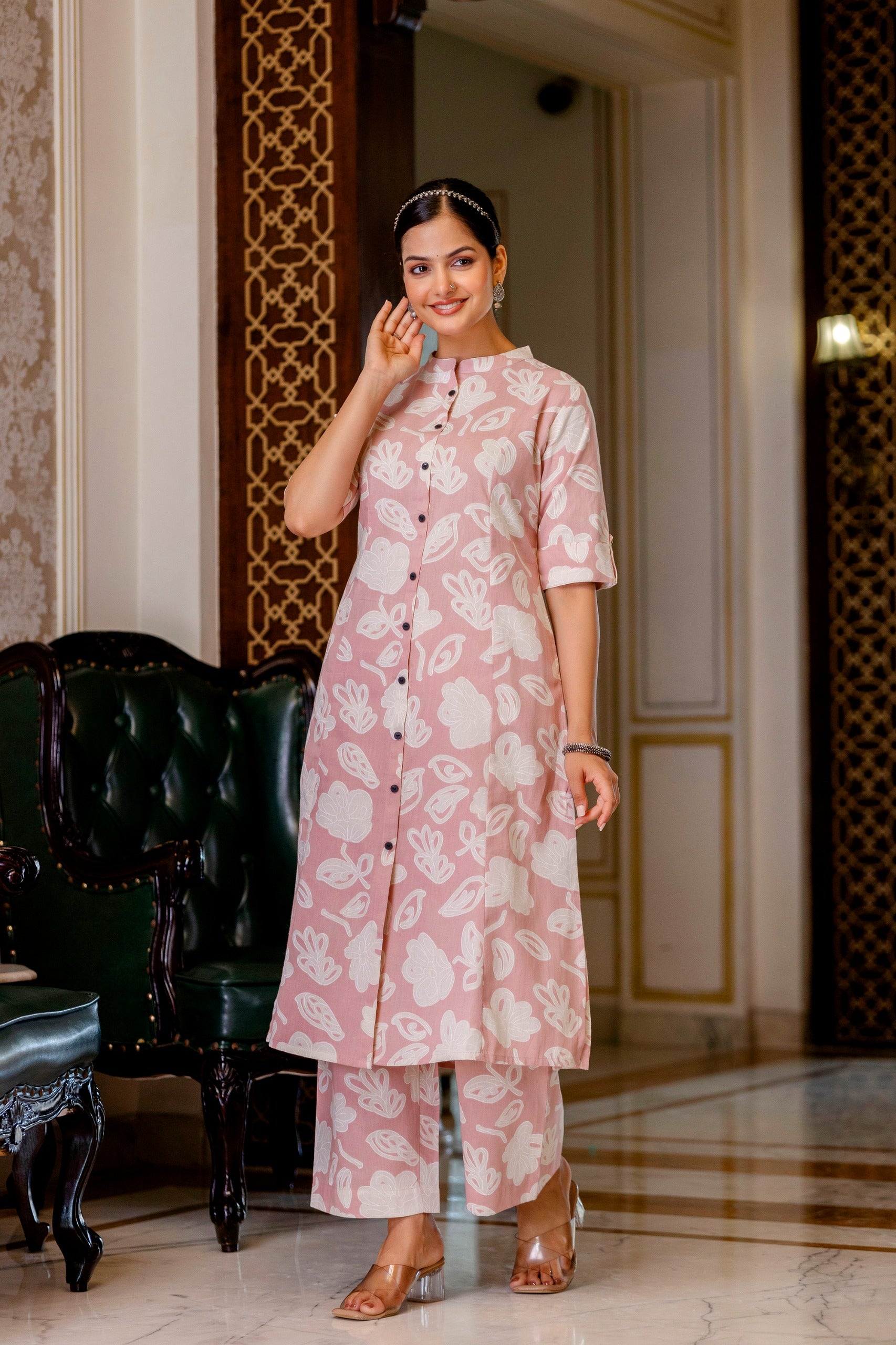 Peach Floral Cotton A-line Coord Set - The Jaipur Studio