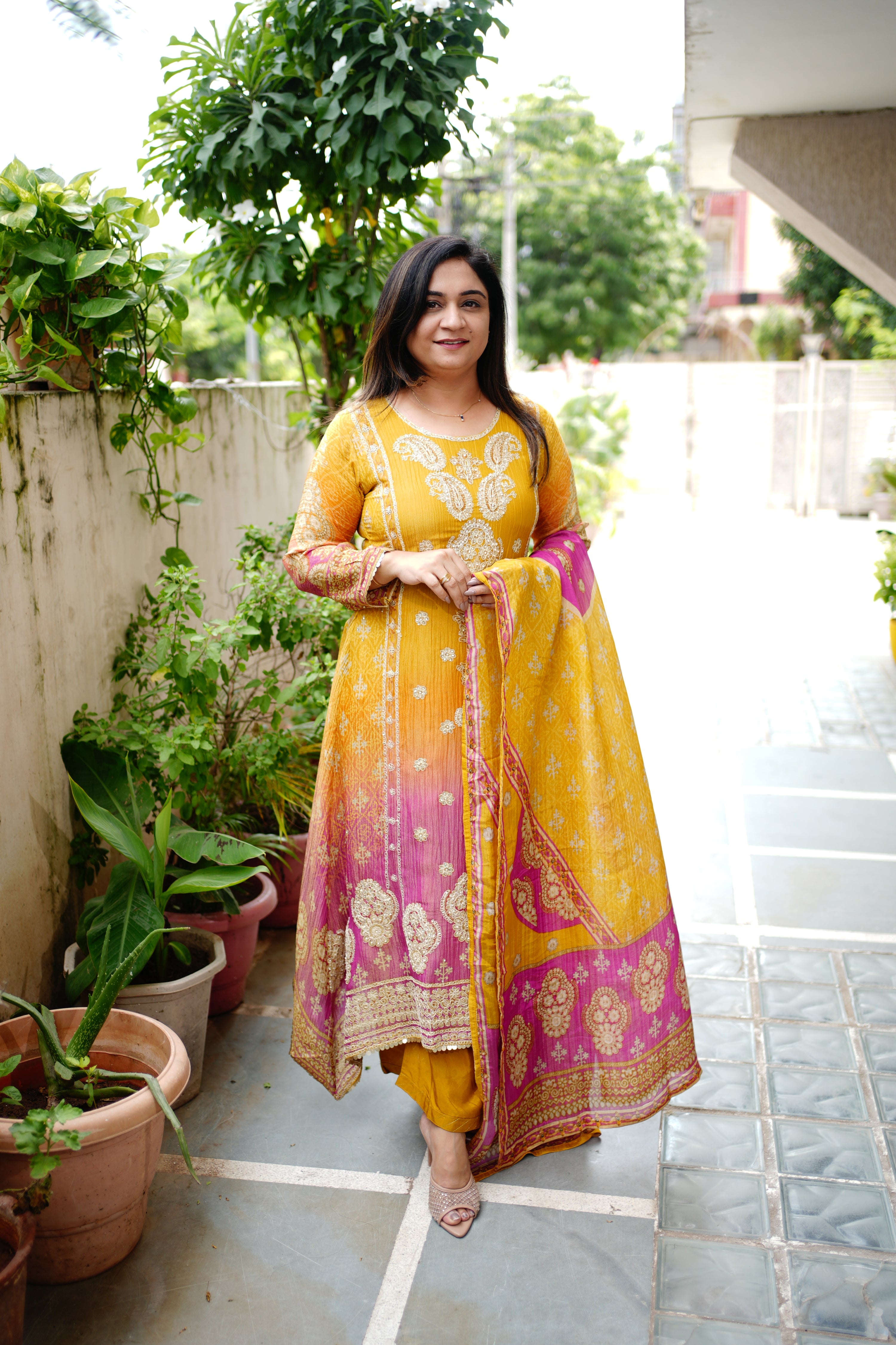 Zehra Asymmetric Shimmer Tissue  Embroidered Pant Set - The Jaipur Studio