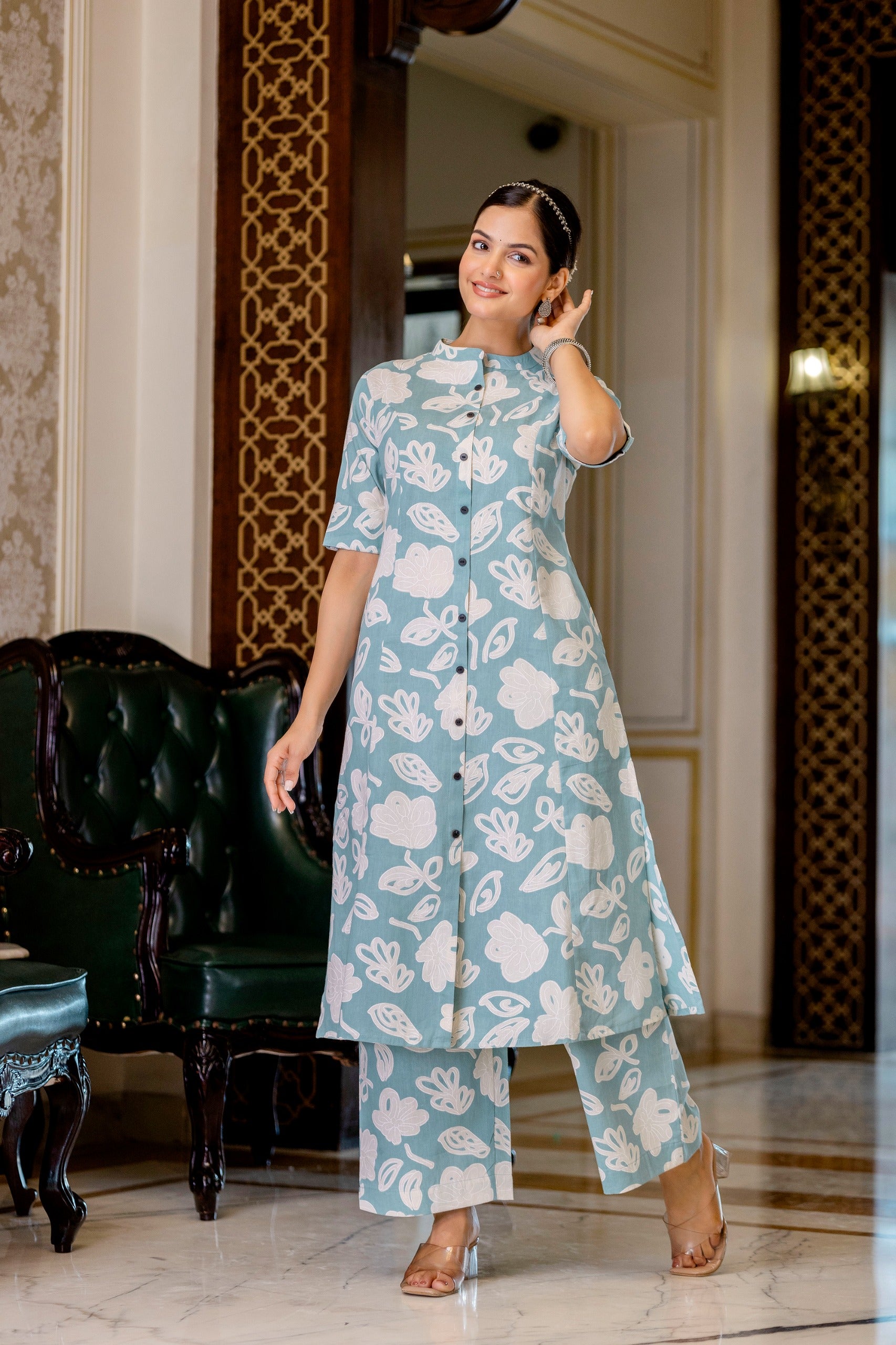 Pastel Blue Cotton A-line Coord Set - The Jaipur Studio