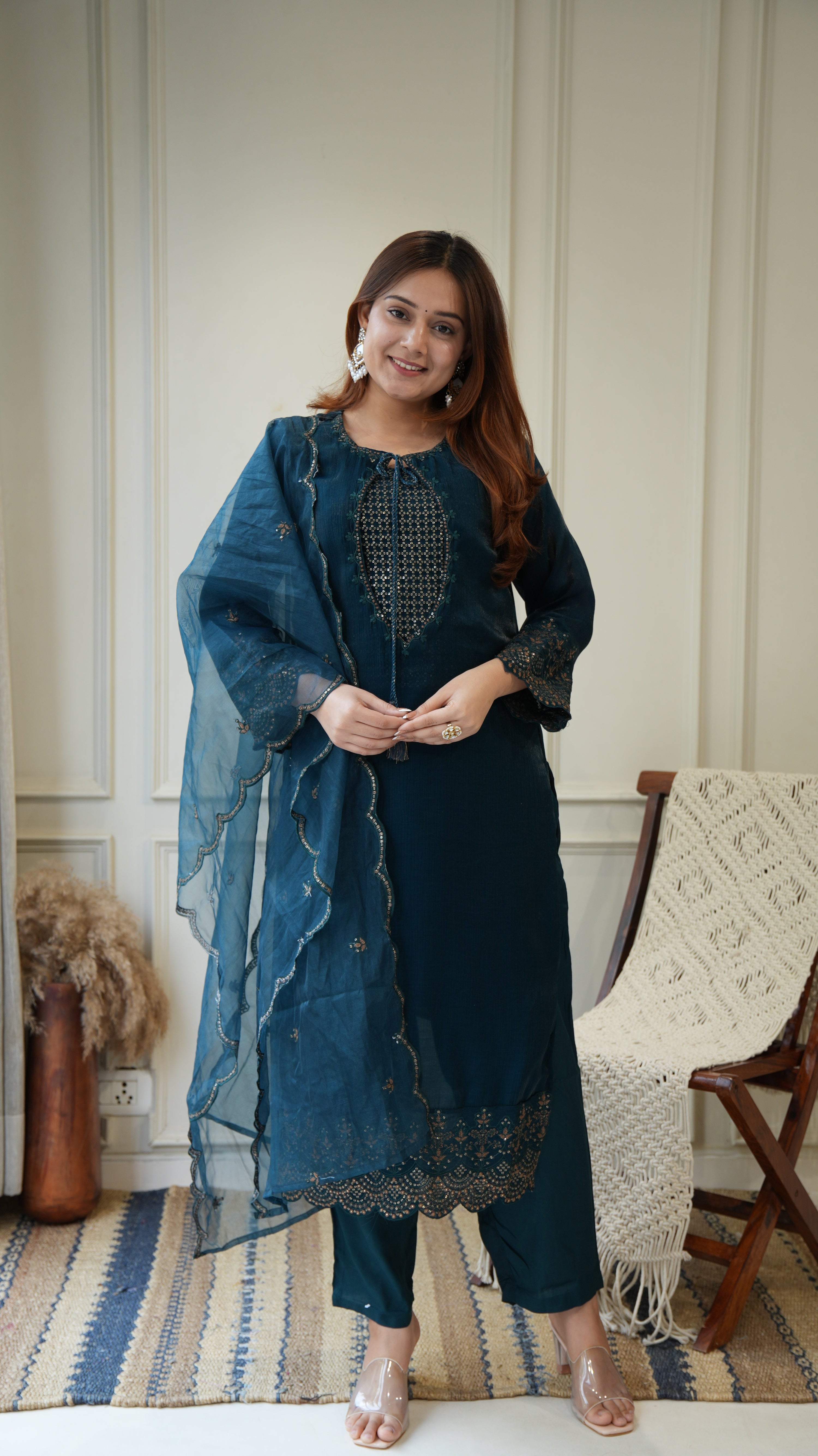 Ayesha Shimmer Tissue Embroidered Pant Set - The Jaipur Studio