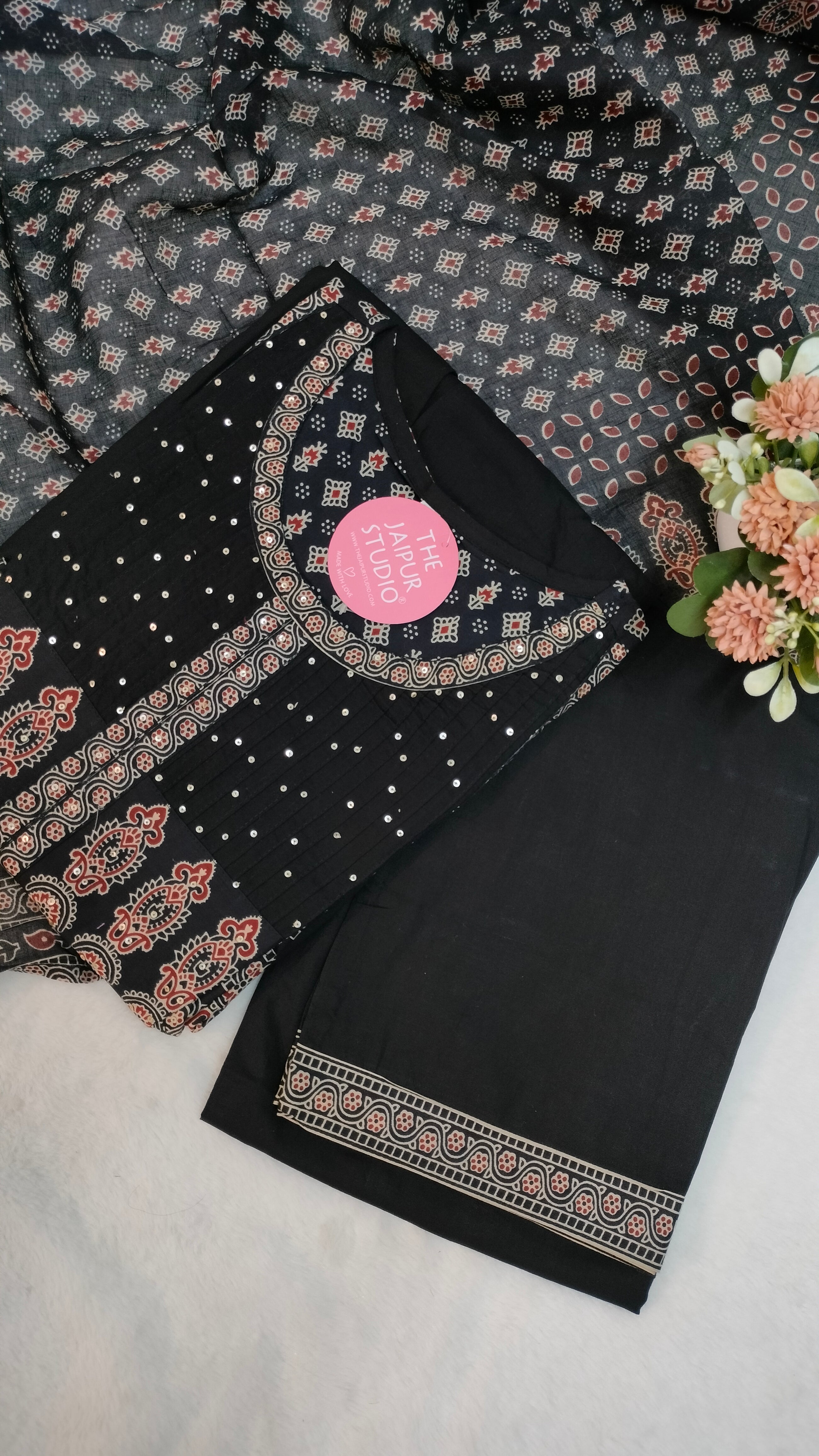 Deliah Handblock Premium Cotton Detailed Pant set - The Jaipur Studio