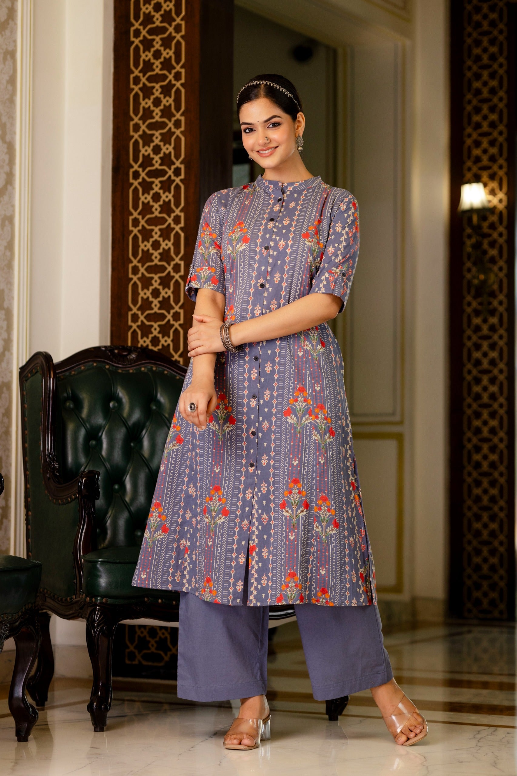 Grey Floral Cotton A-line Coord Set - The Jaipur Studio