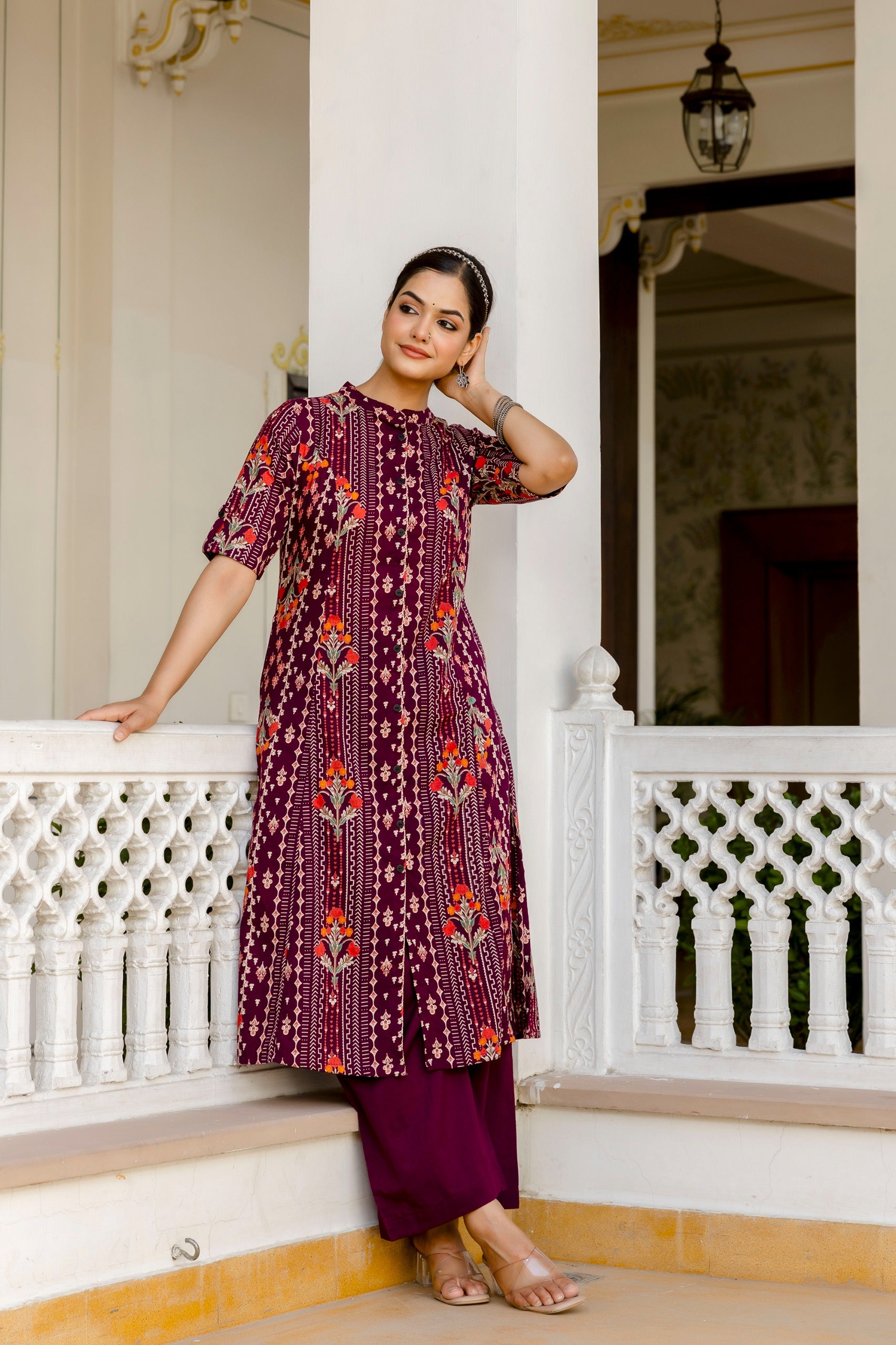 Marron Floral Cotton A-line Coord Set - The Jaipur Studio