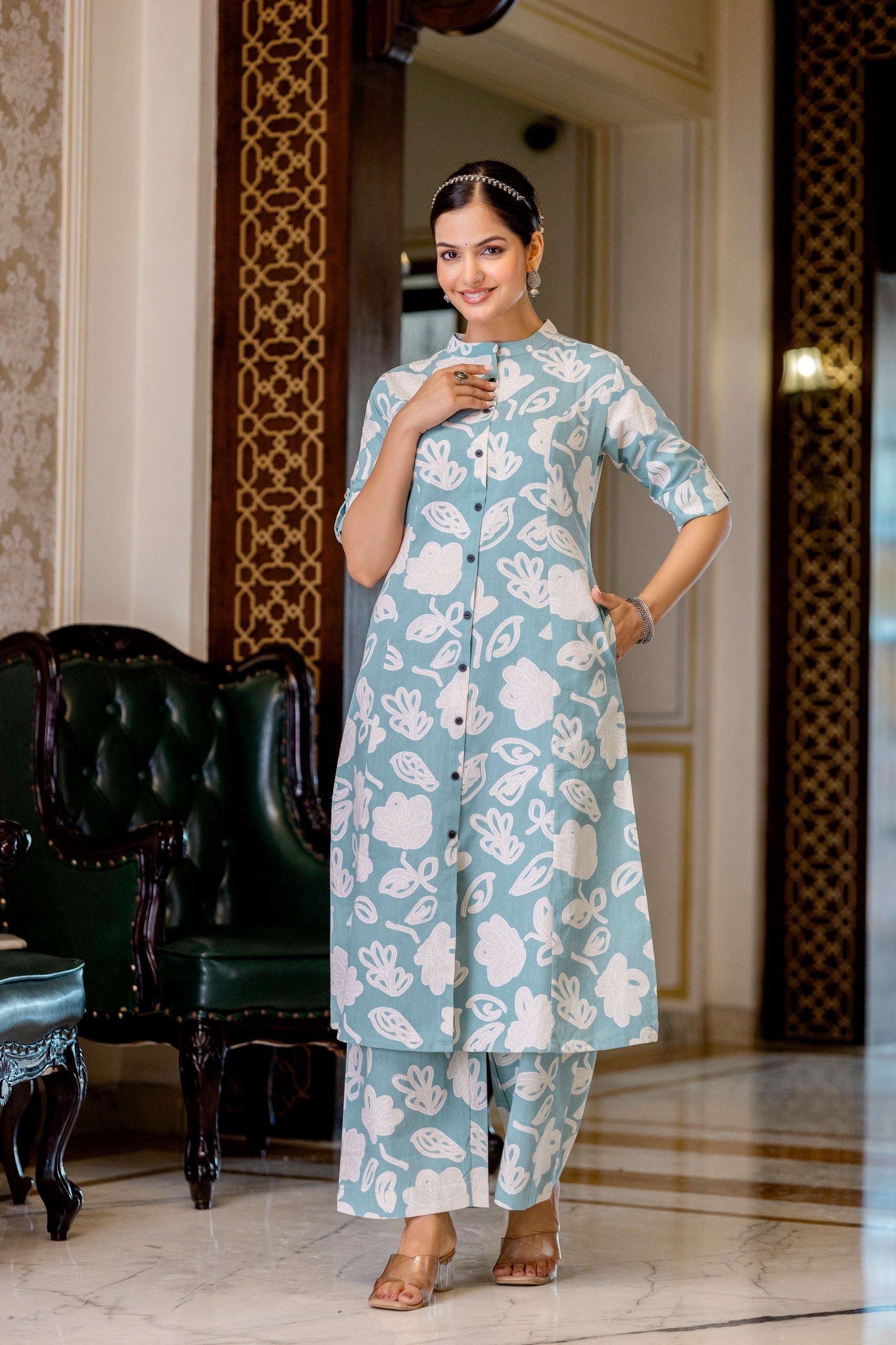 Pastel Blue Cotton A-line Coord Set - The Jaipur Studio