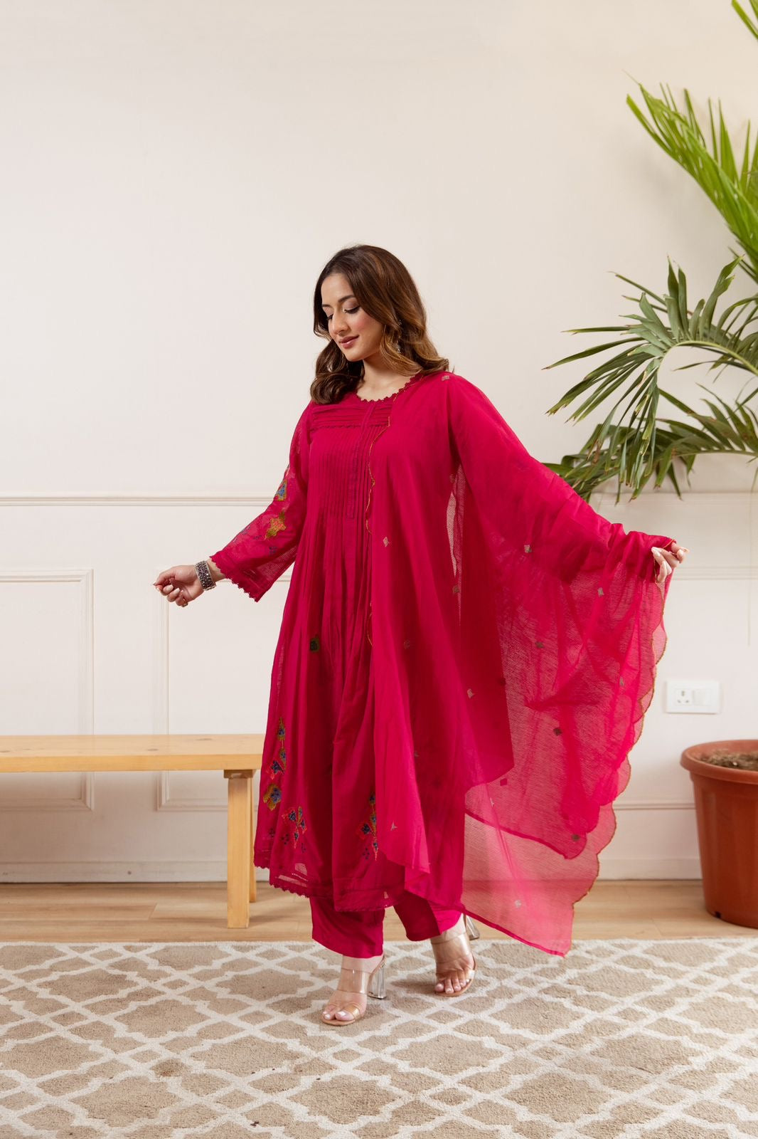Zina Pink Net Chanderi Embroidered Anarkali Set