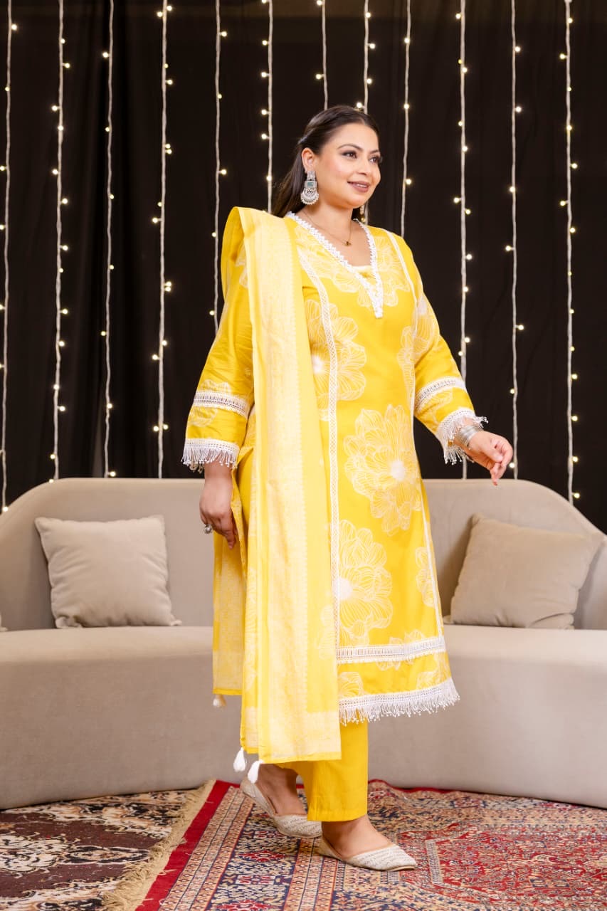 Tuba Yellow Cotton Lace Deatailed Straight Dupatta Set
