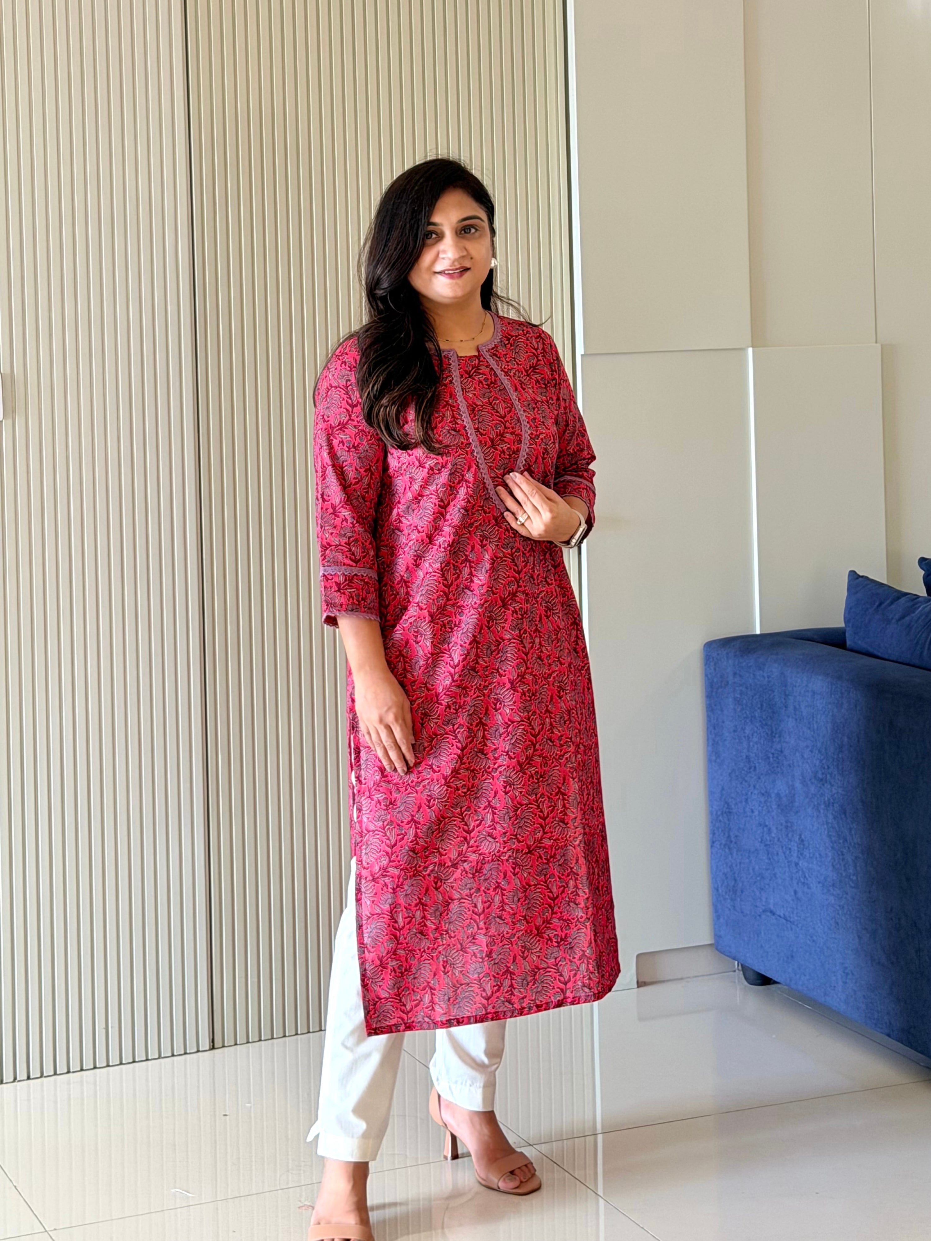 Fariha Pink Cotton Floral Casual Straight Kurta