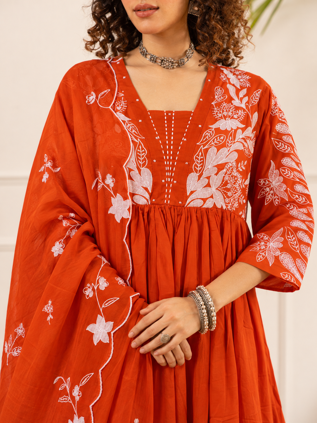 Ruksaar Rust Mul Cotton Embroidered A-line Dupatta Set