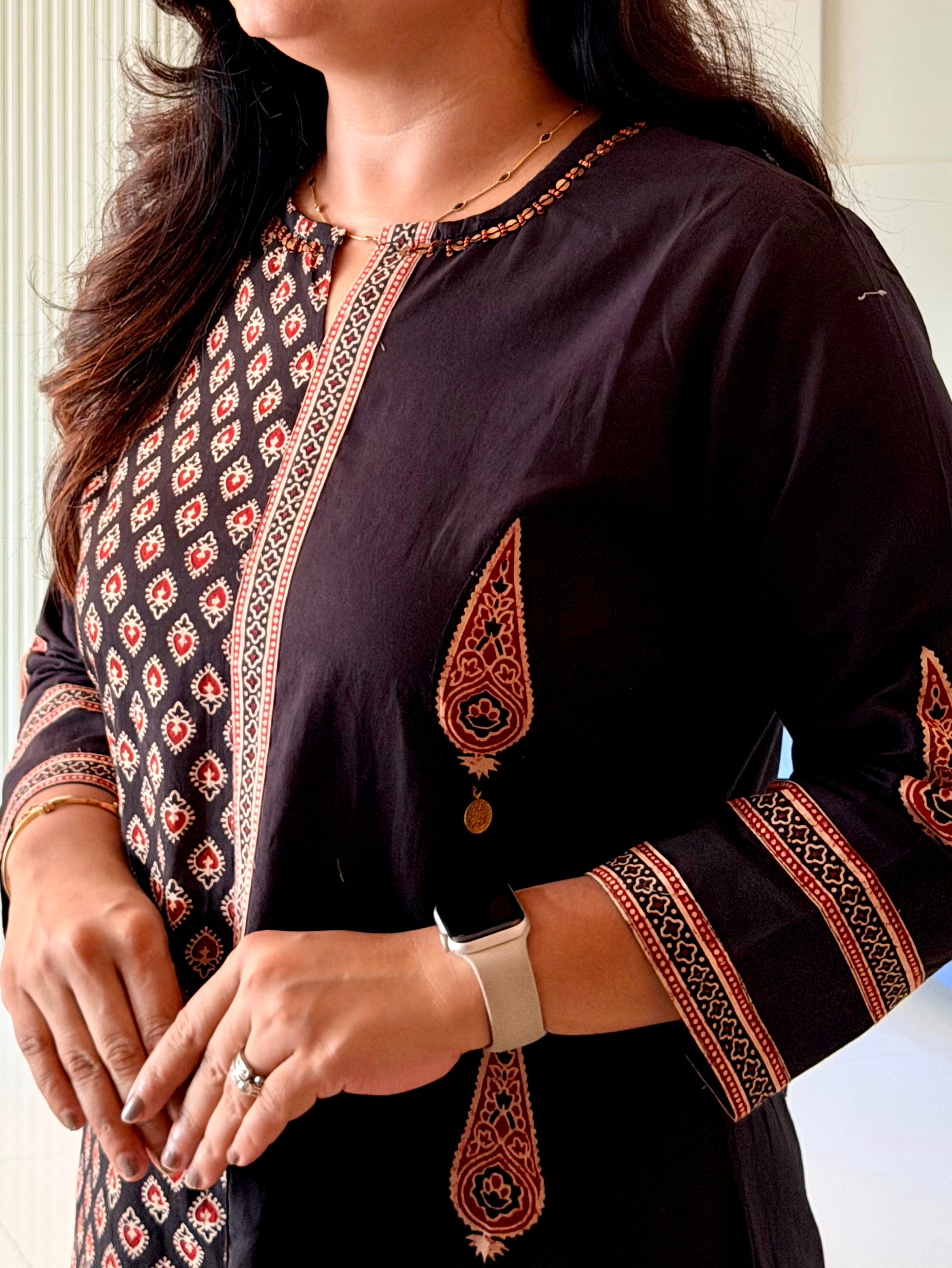 Laila Black Asymmetric Cotton Ajrakh Kurta Set