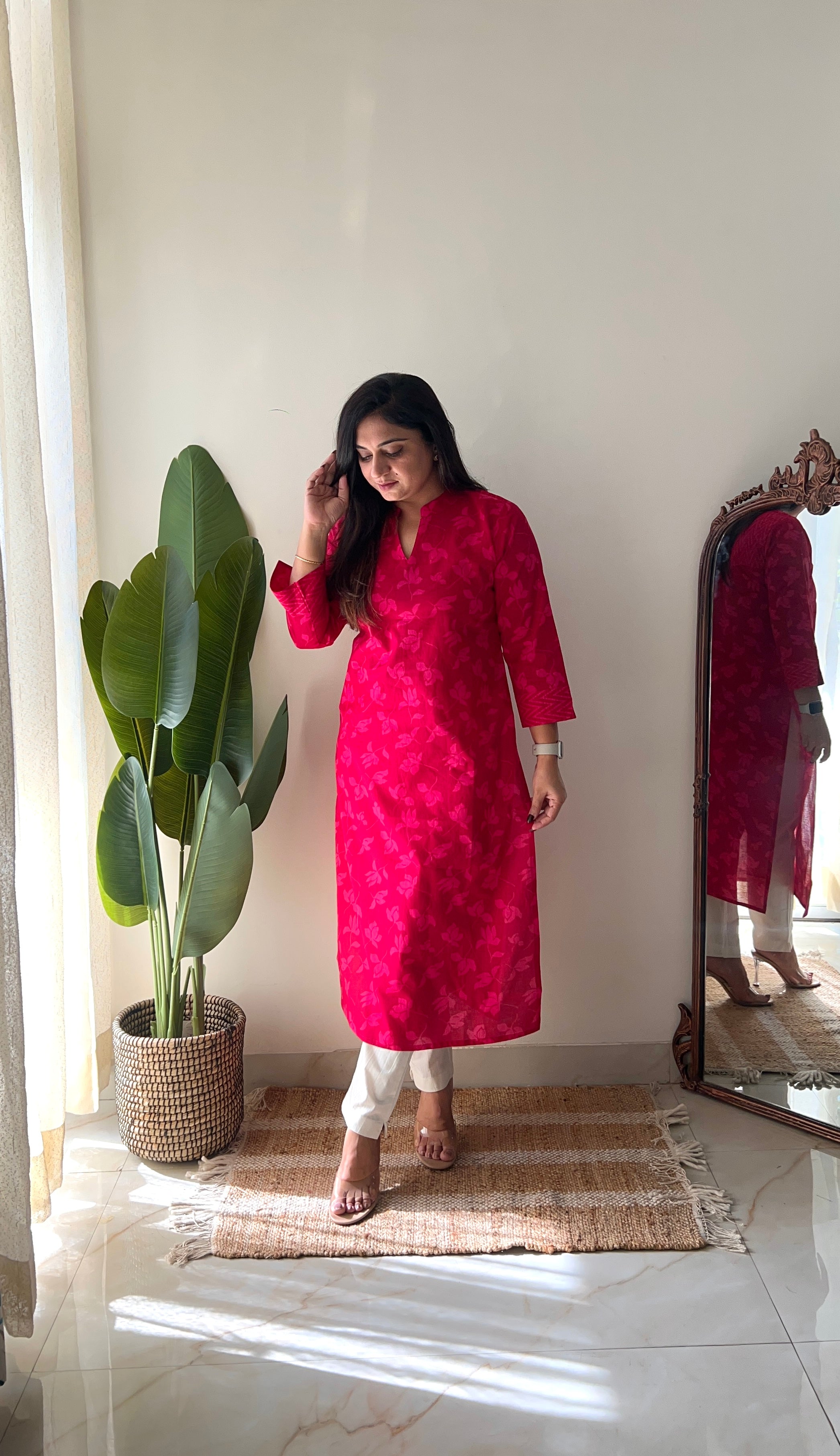 Pink Floral Casual Cotton Straight Kurta - The Jaipur Studio