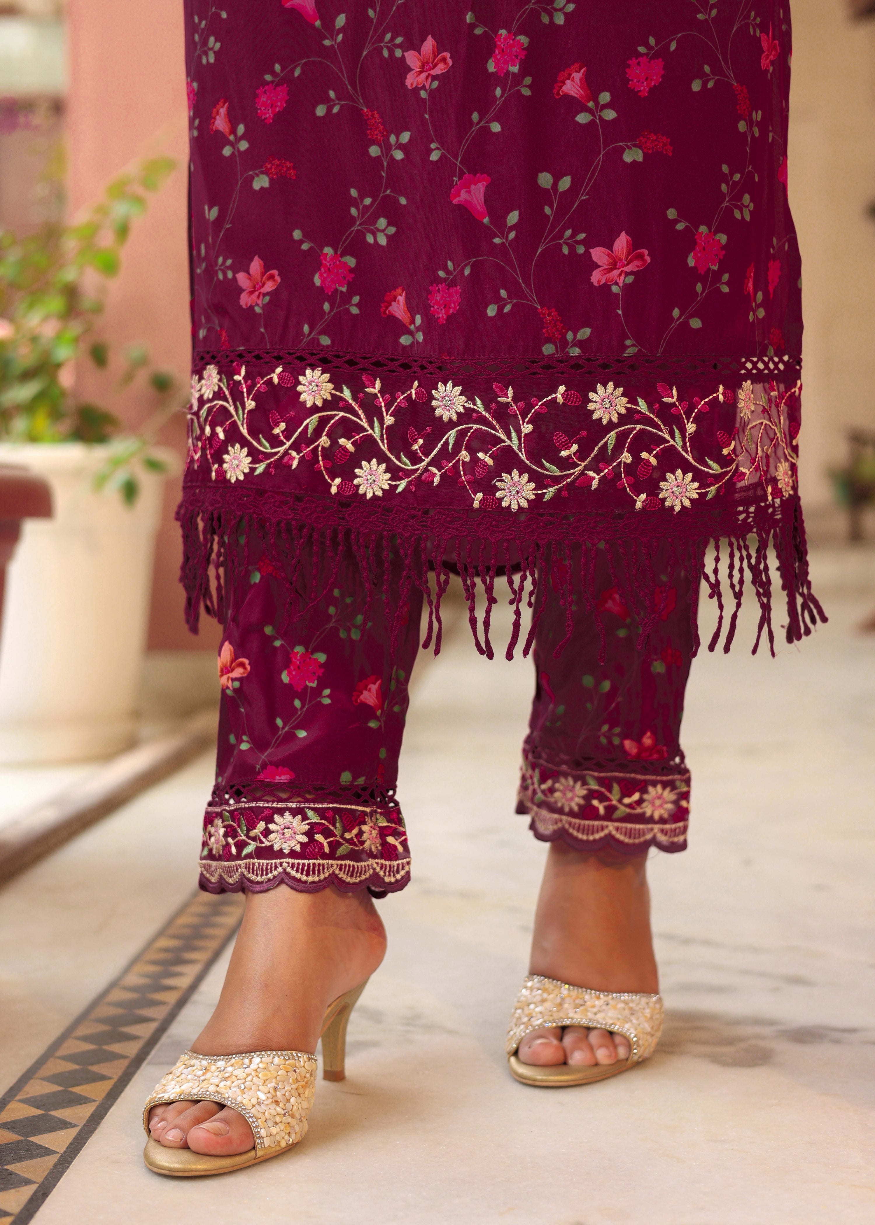 Crepe floral Embroidered Pant Set