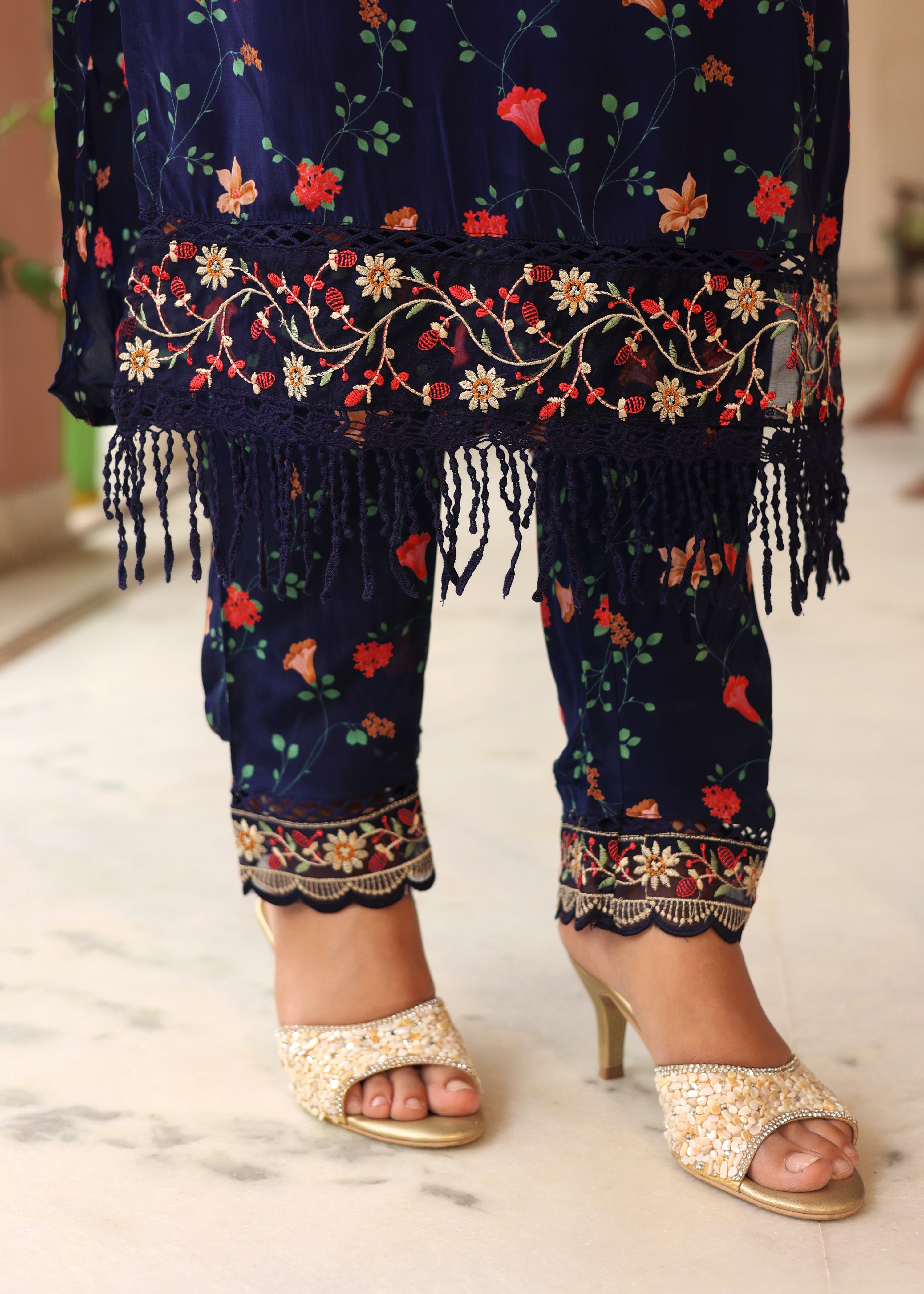 Crepe floral Embroidered Pant Set