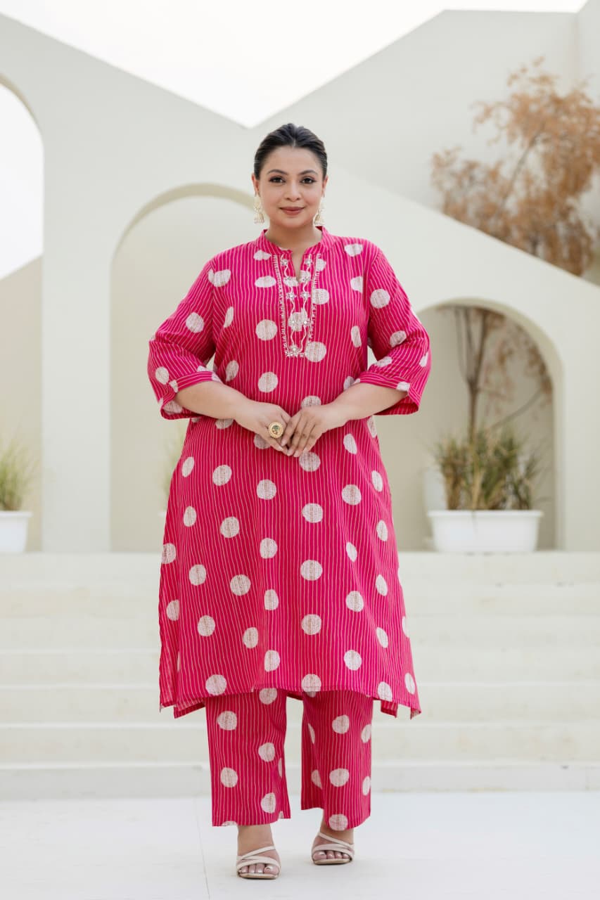 Tanisha Pink Polka Embroidered A-line Kurta Set