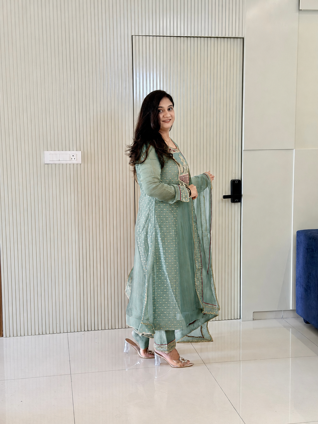 Rehana Green Shimmer Tissue Embroidered Anarkali Dupatta Set