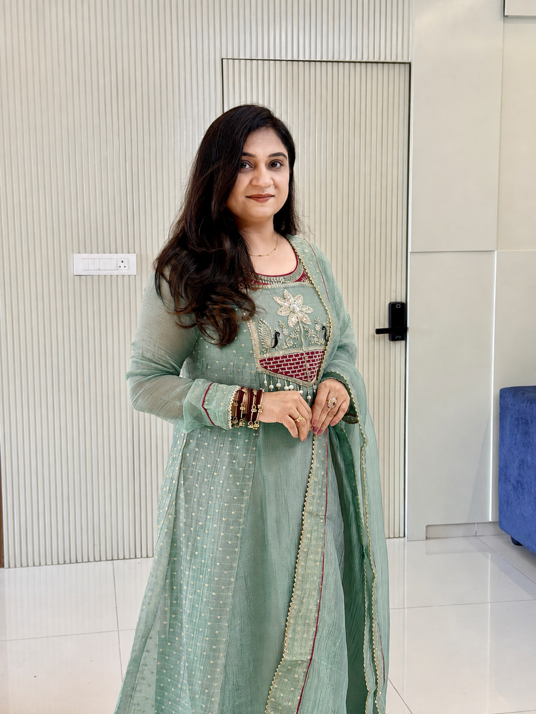 Rehana Green Shimmer Tissue Embroidered Anarkali Dupatta Set
