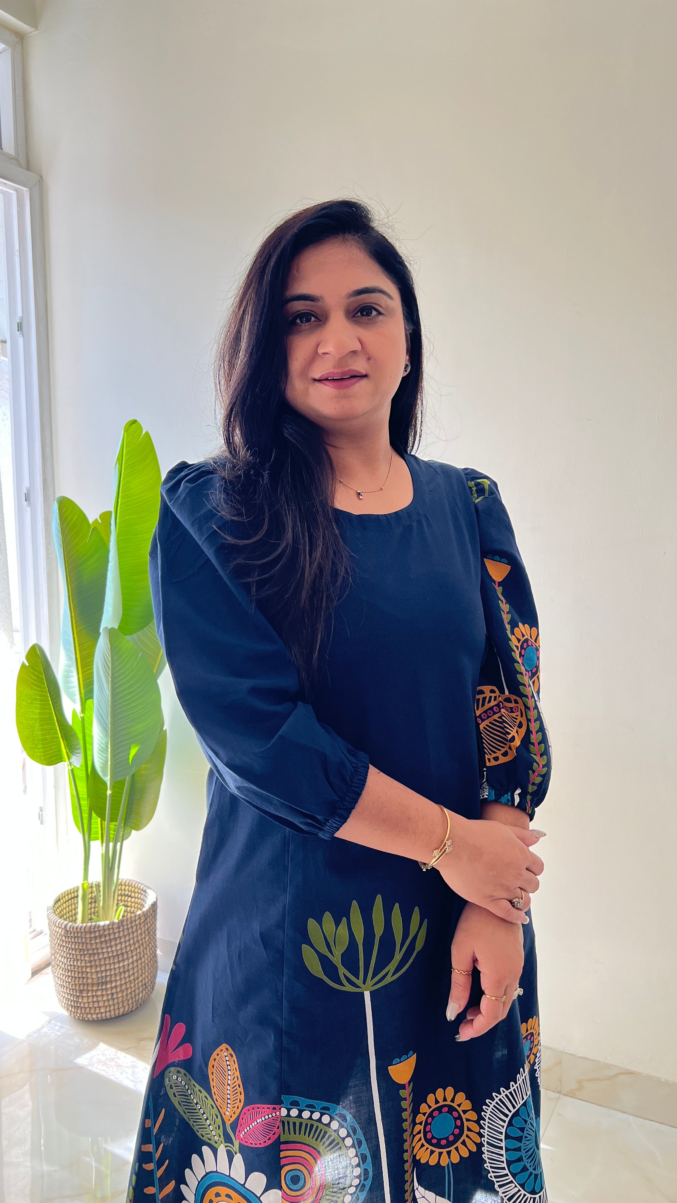 Blue Cotton Floral A-line Kurta