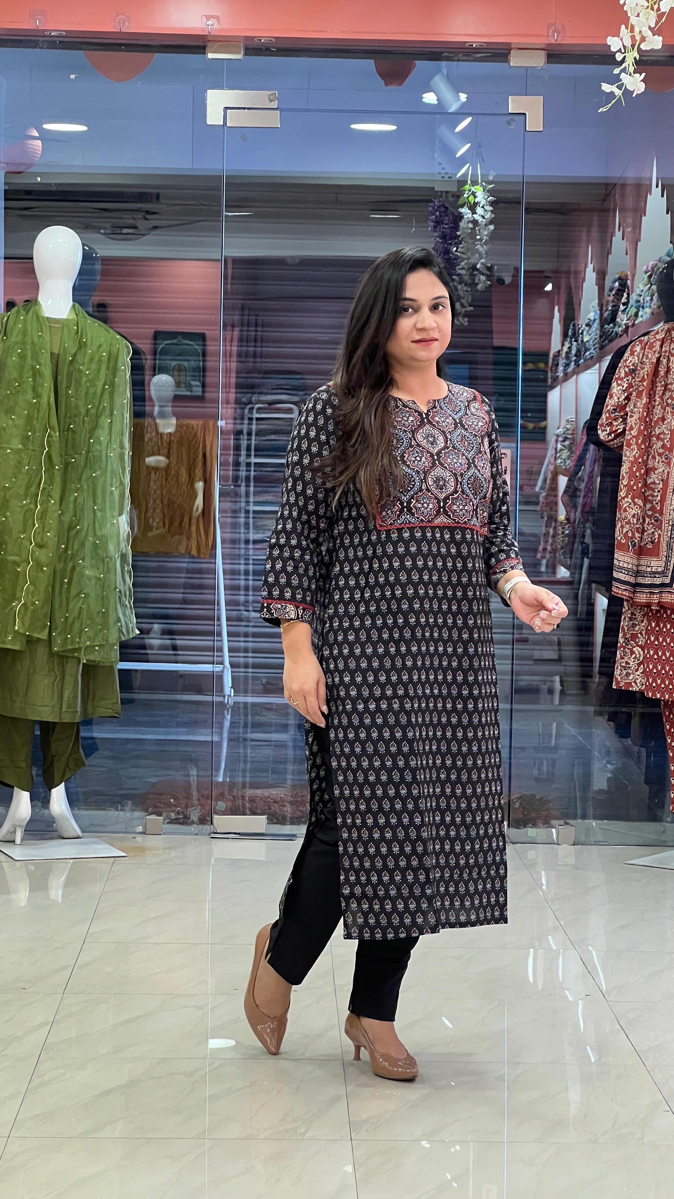 Black Ajrakh Cotton Casual Straight Kurta