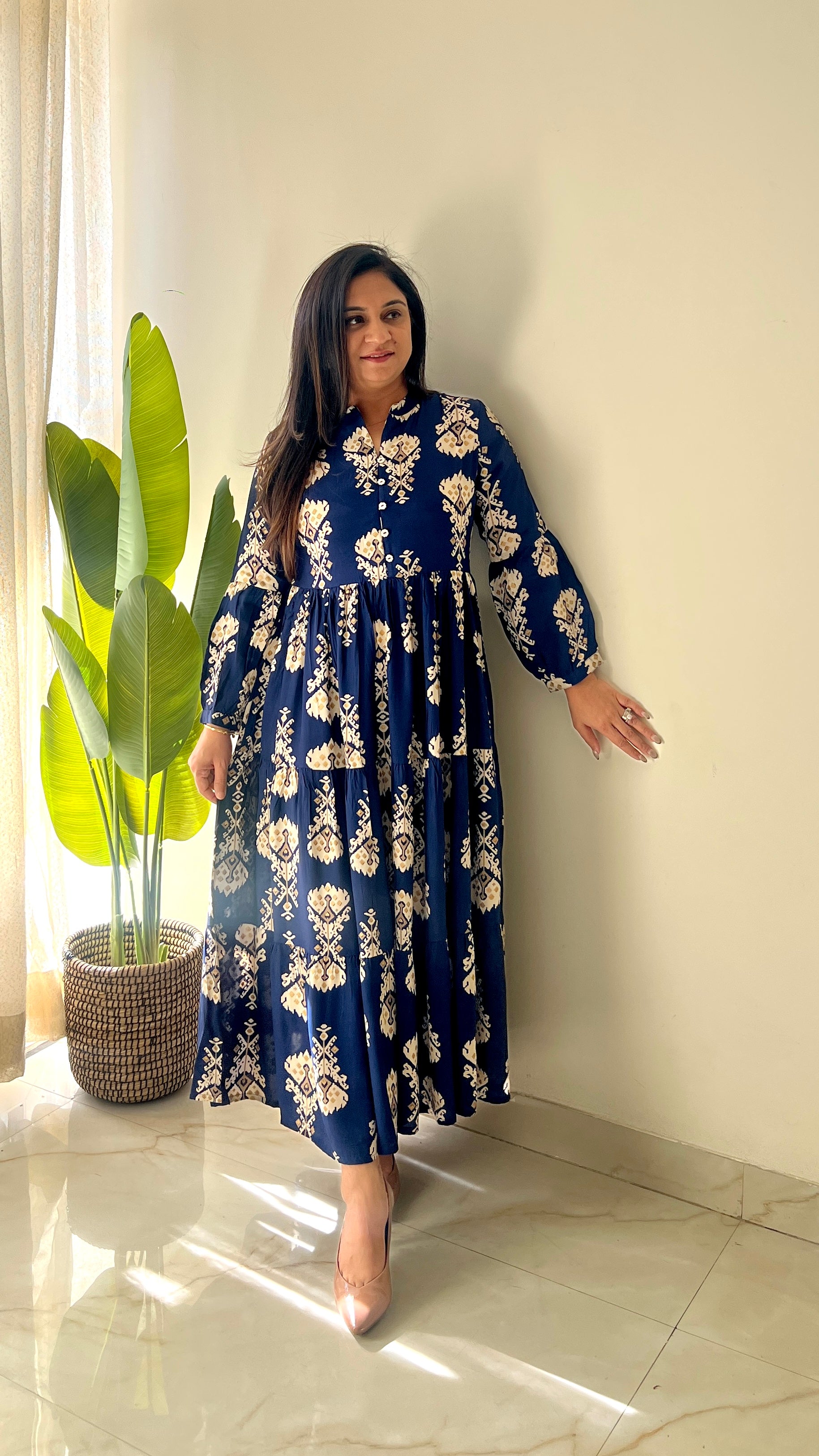Sarfa Blue Crystal Muslin Casual Long Dress
