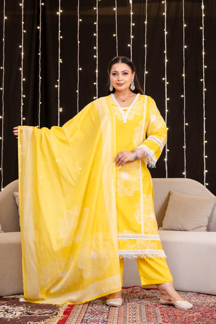 Tuba Yellow Cotton Lace Deatailed Straight Dupatta Set