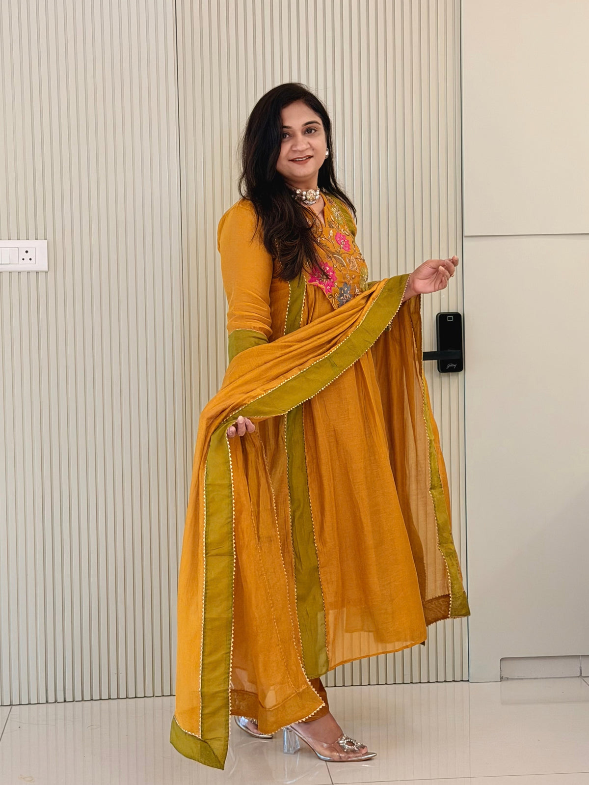 Sejal Yellow Mul Chanderi HandEmbroidered A-line Dupatta Set