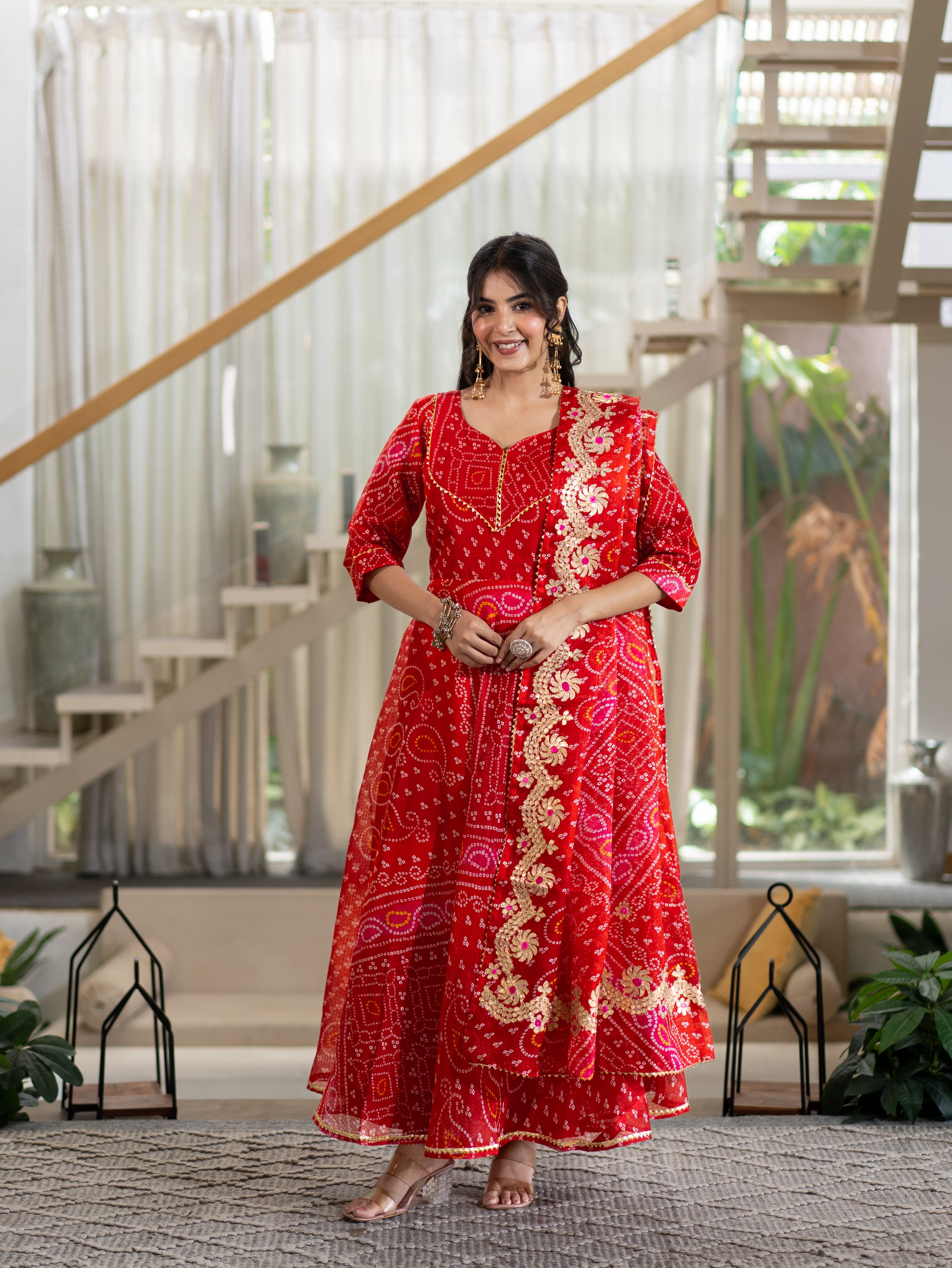 Nitya Red Bandhani Kota Doria Anarkali Dupatta set