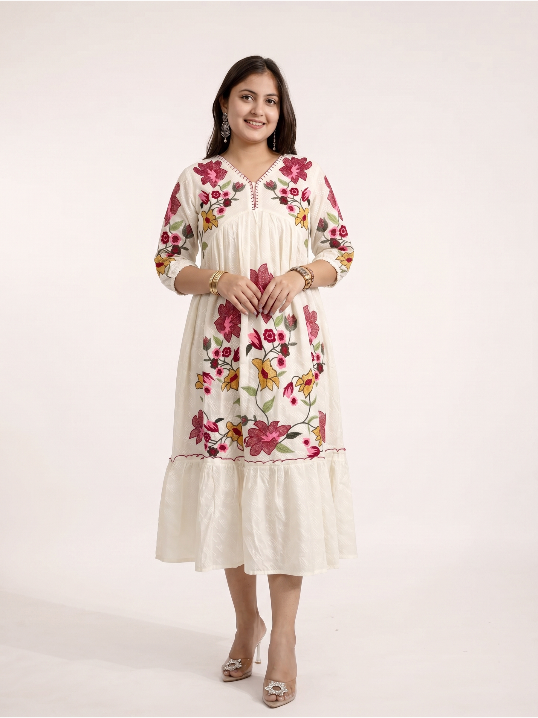 Inam Cotton Floral Embroidered Alia Long Dress