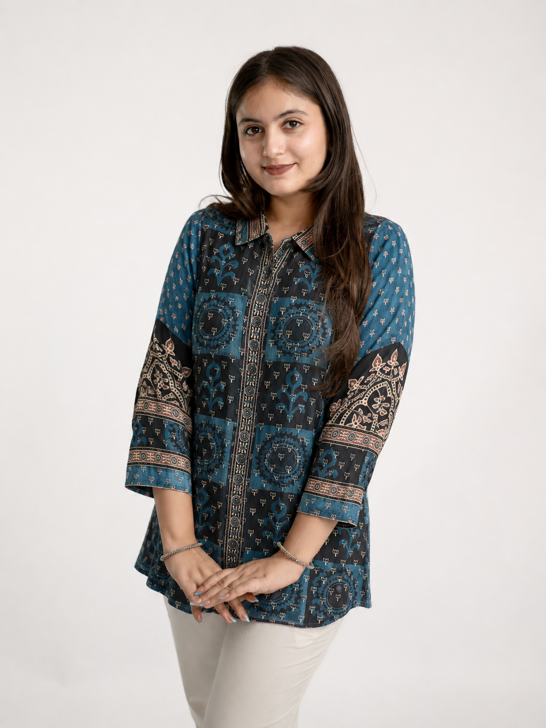Vaidehi Blue Crepe Ajrakh Printed Shirt