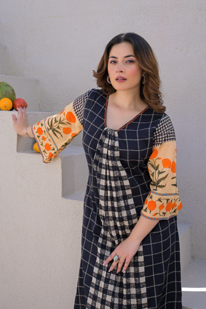 Ridah Black Mul Cotton Embroidered A-line Kurta Set