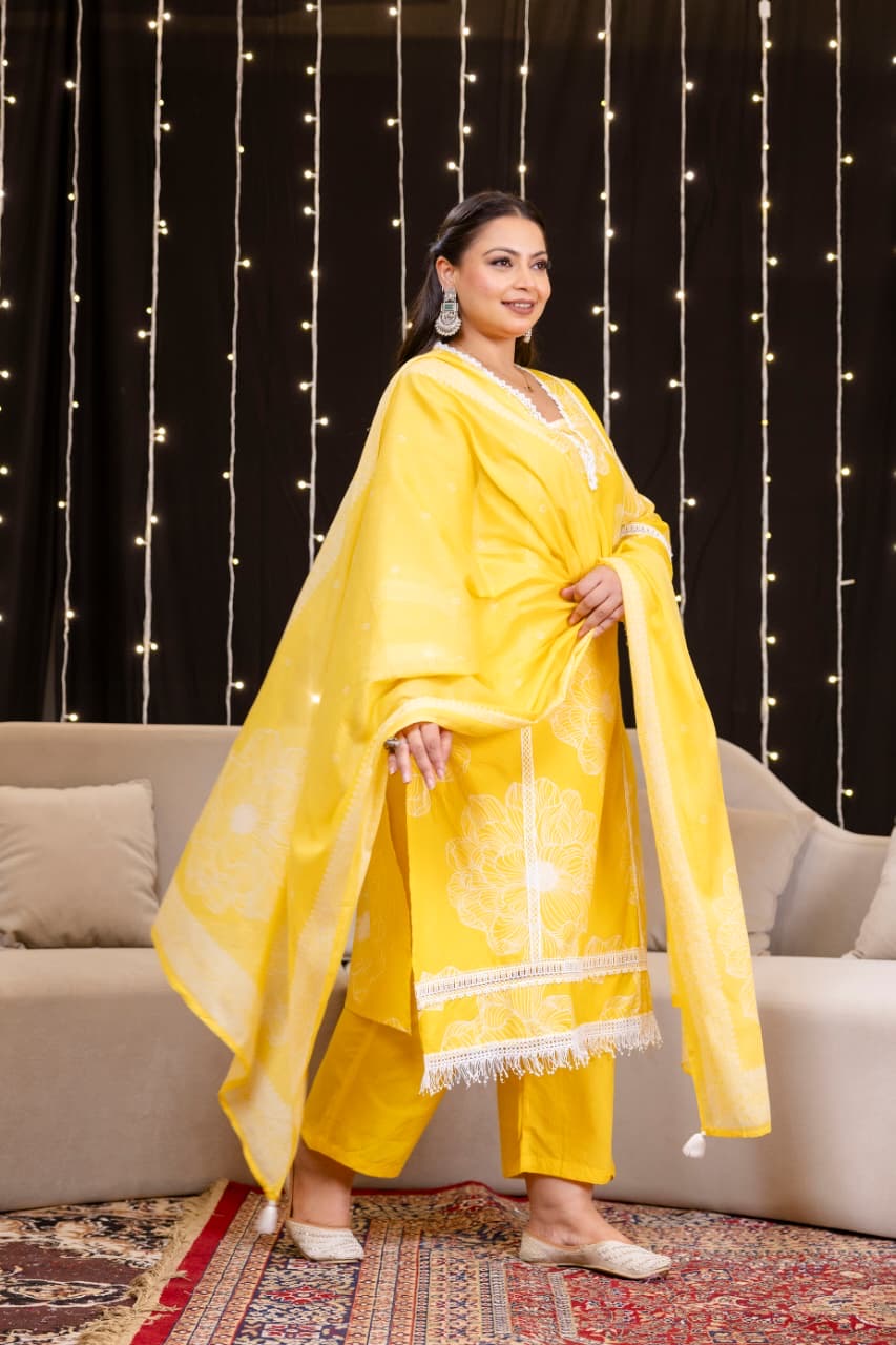 Tuba Yellow Cotton Lace Deatailed Straight Dupatta Set
