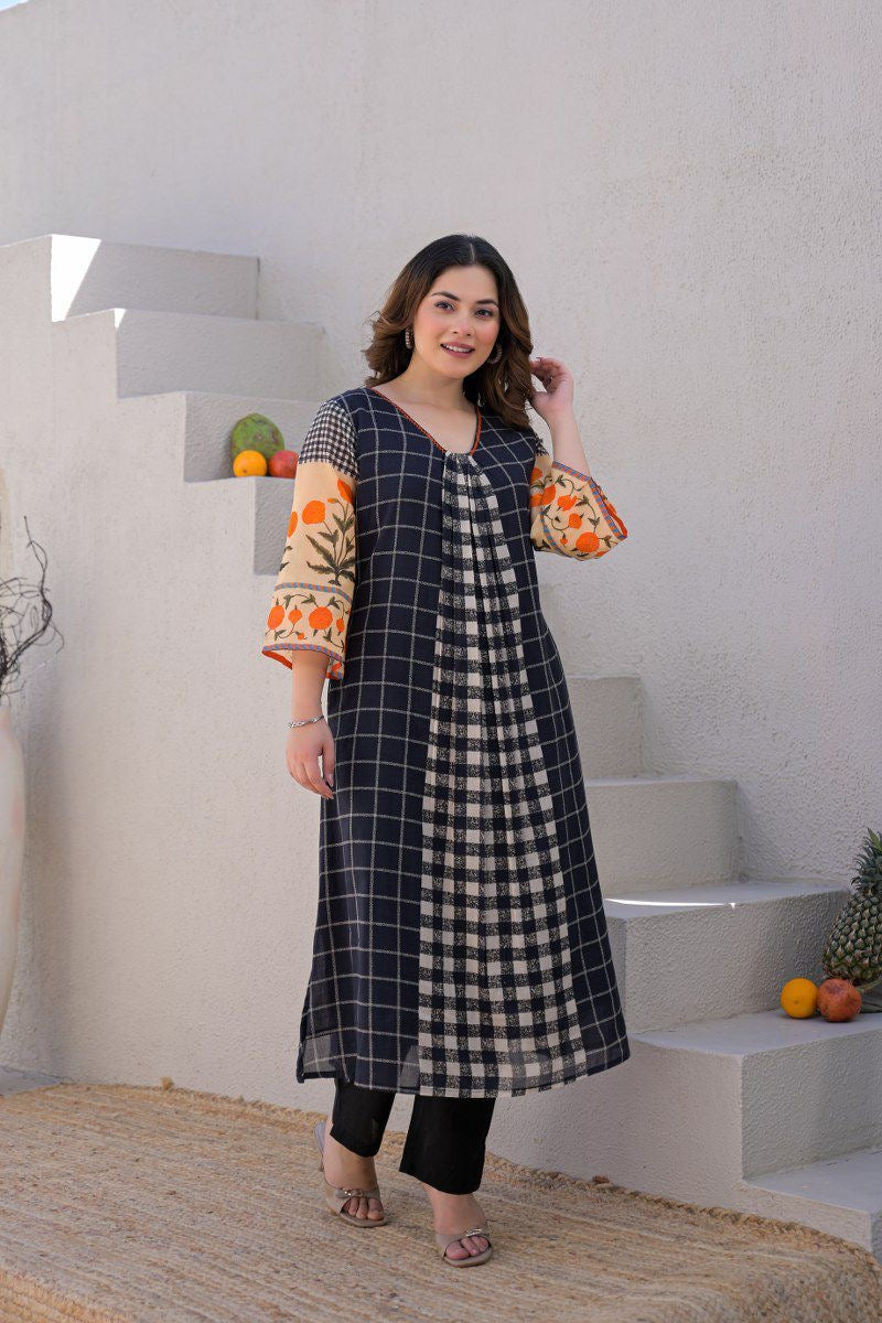 Ridah Black Mul Cotton Embroidered A-line Kurta Set