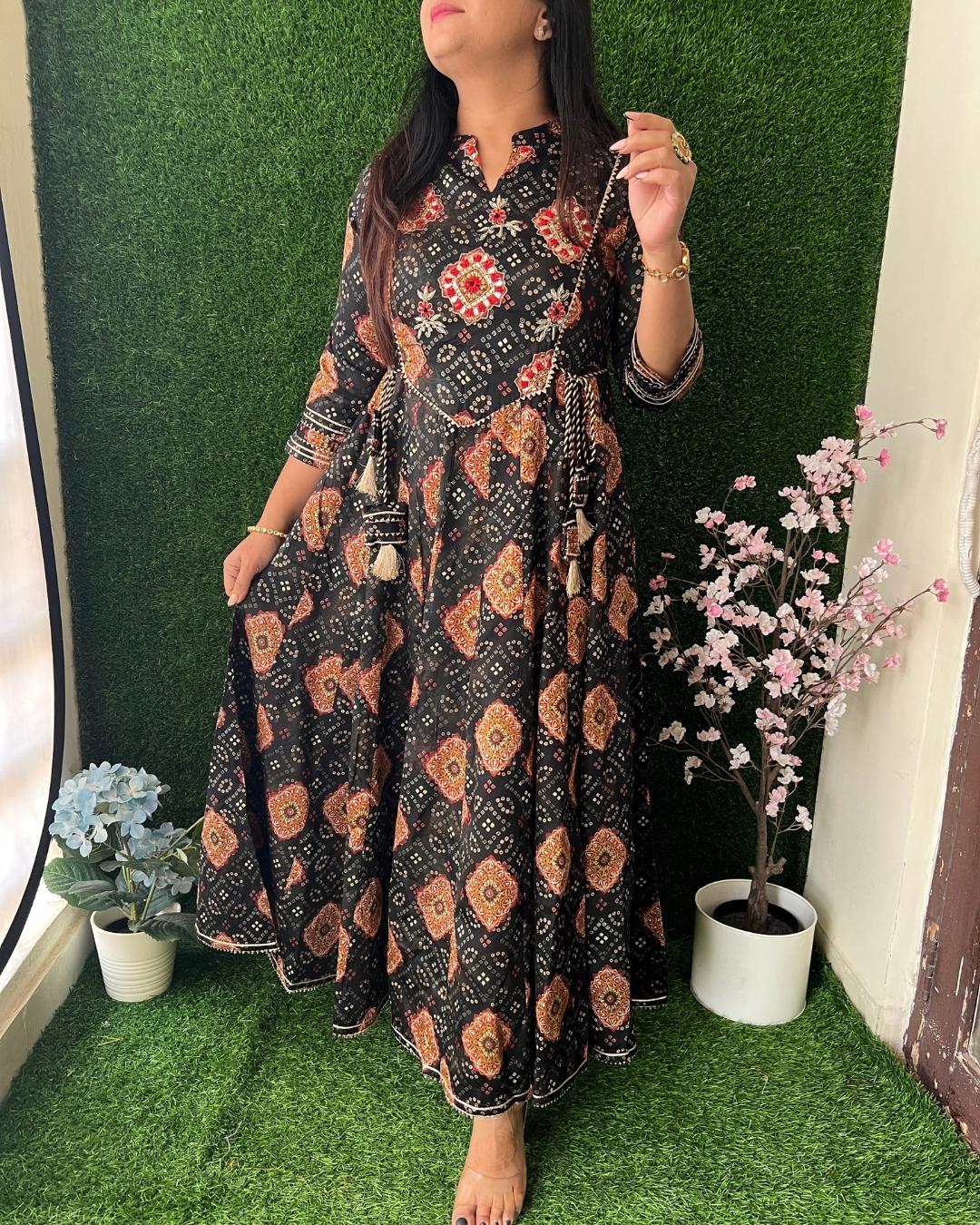 Bandhani Cotton Embroidered Long Dress Black - The Jaipur Studio