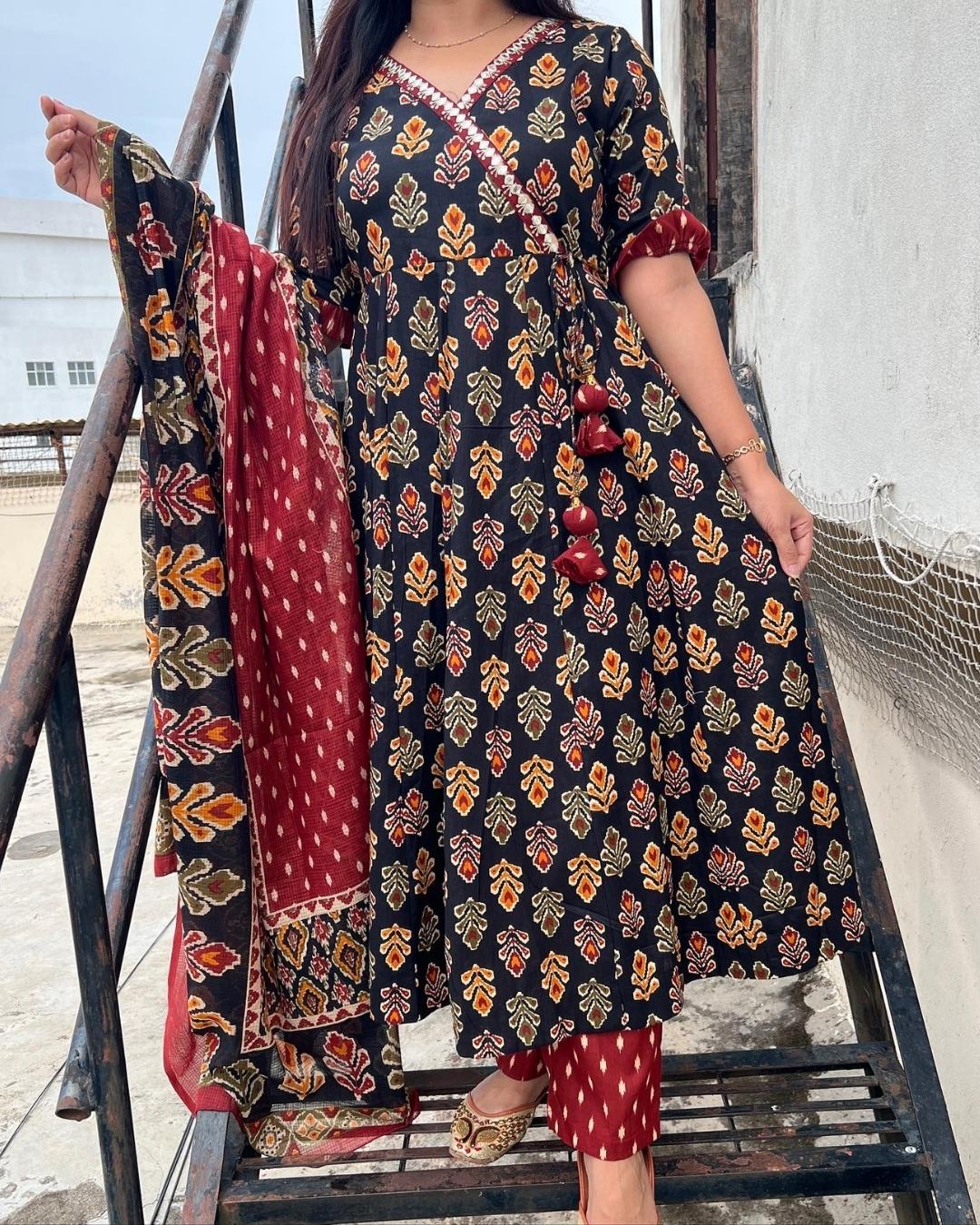 Cotton Patola print Angrakha Anarkali set - The Jaipur Studio