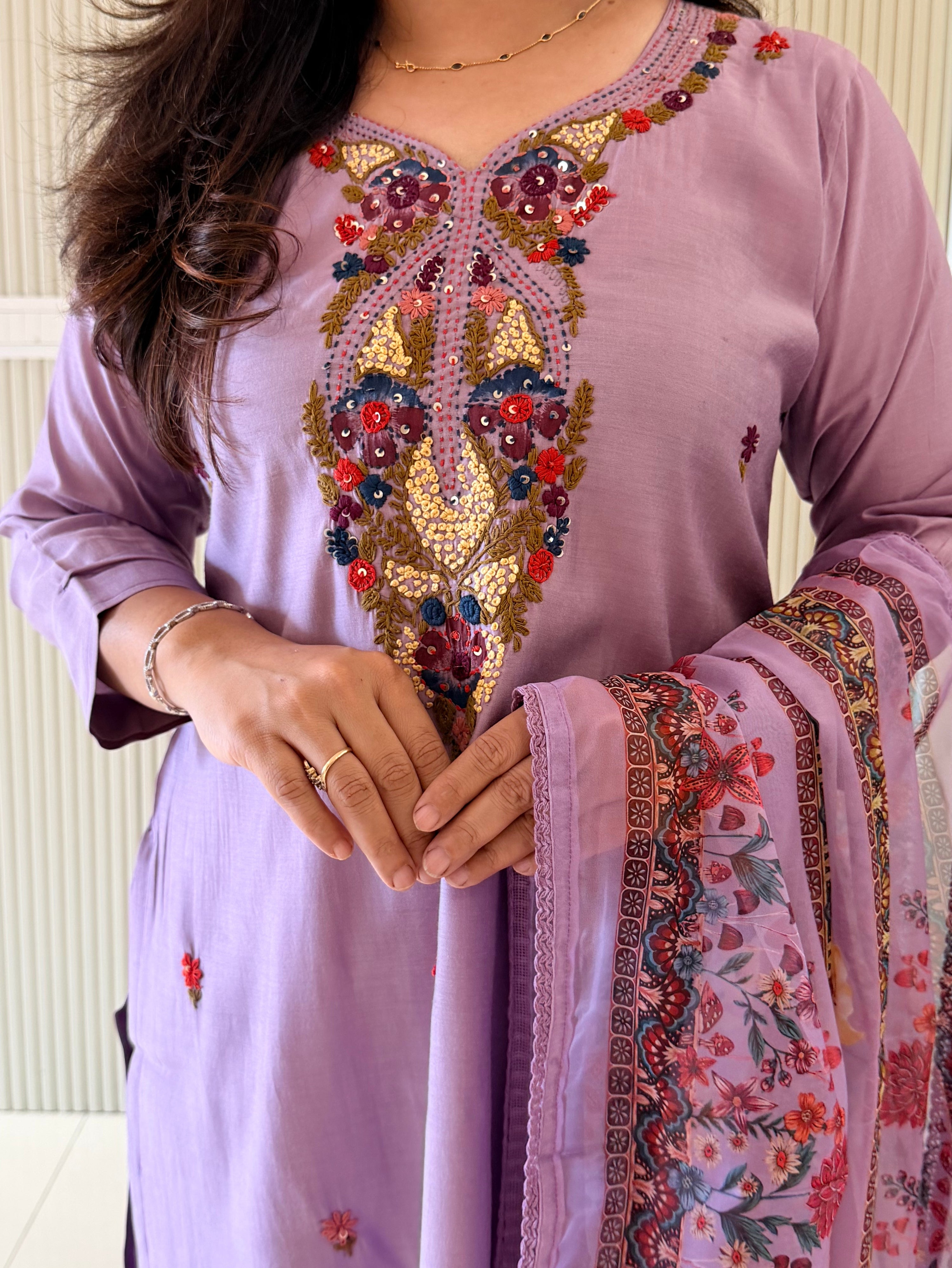Rubina Lilac Modal Silk HandEmbroidered Dupatta Set