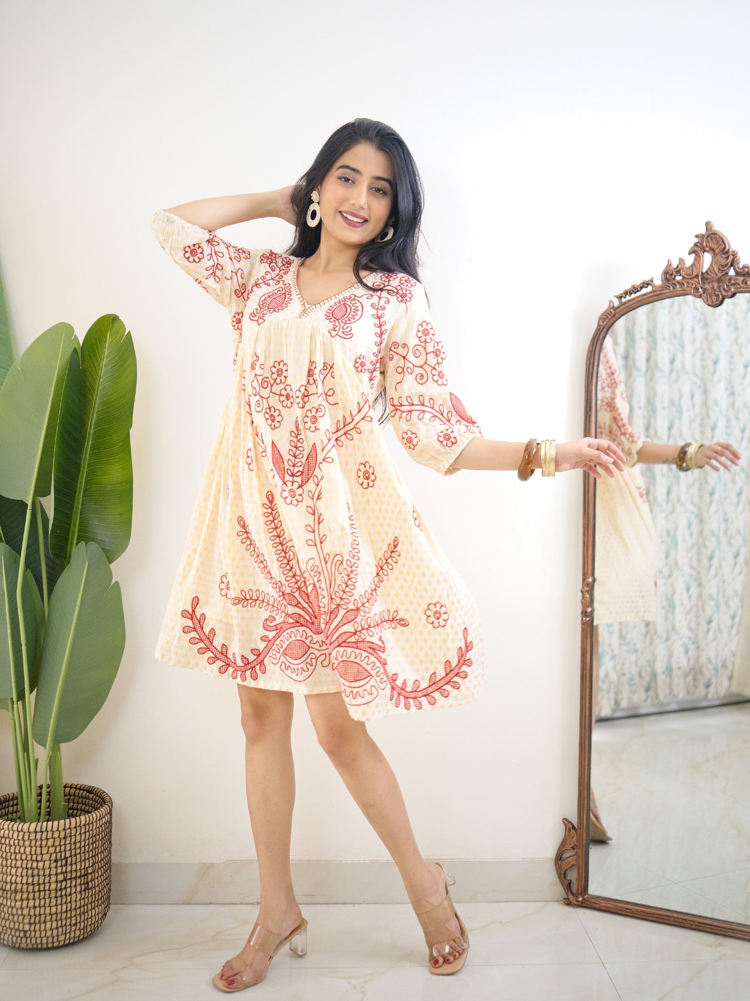 white christmas dresses Jaipuri Cotton Pintucked yoke Flared Dress