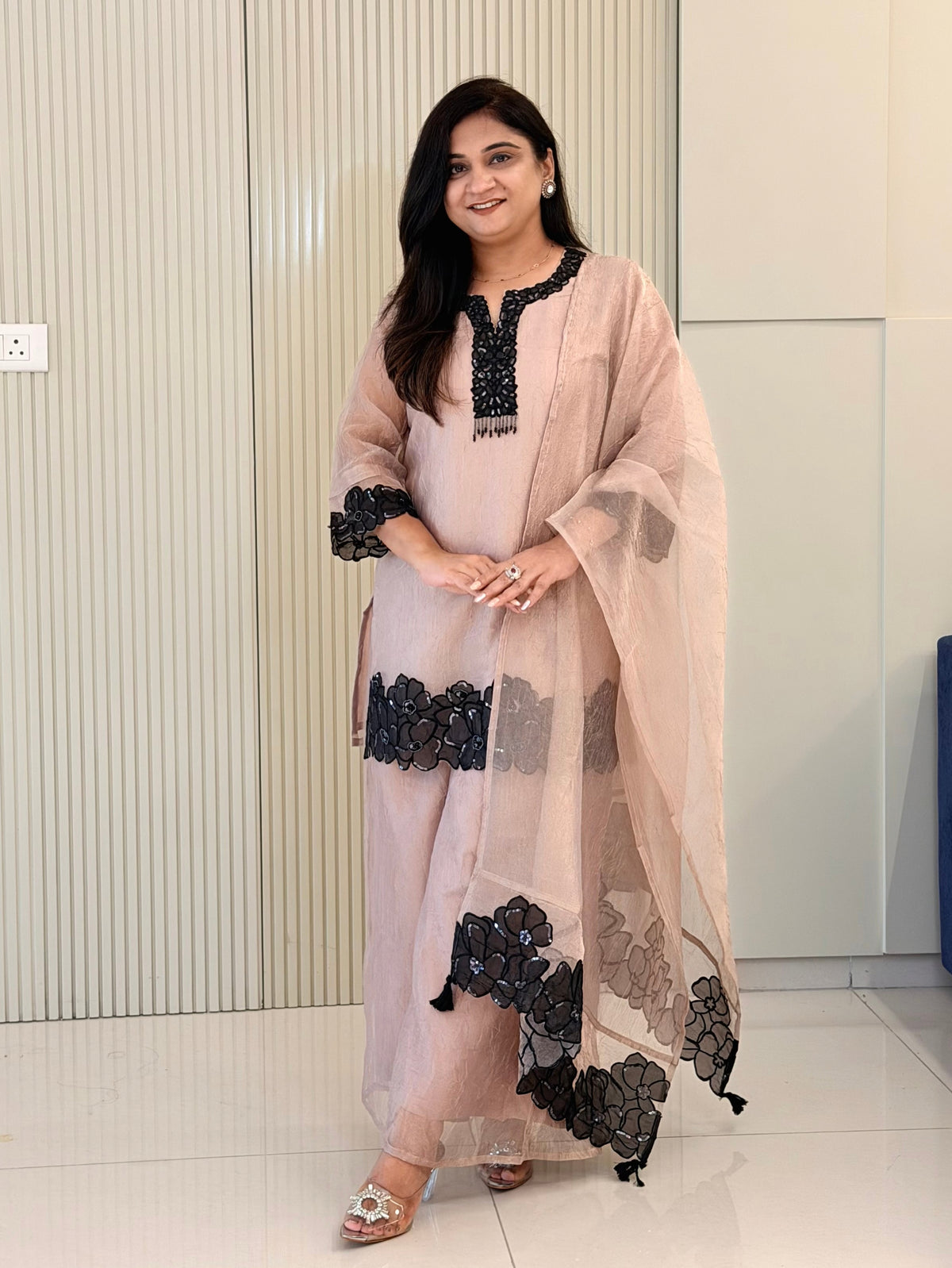 Aayat Peach Shimmer Tissue Applique HandEmbroidered Dupatta Set