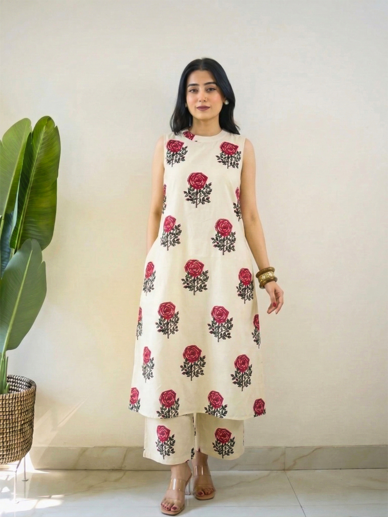 Anya White Floral Rayon A-line Coord Set