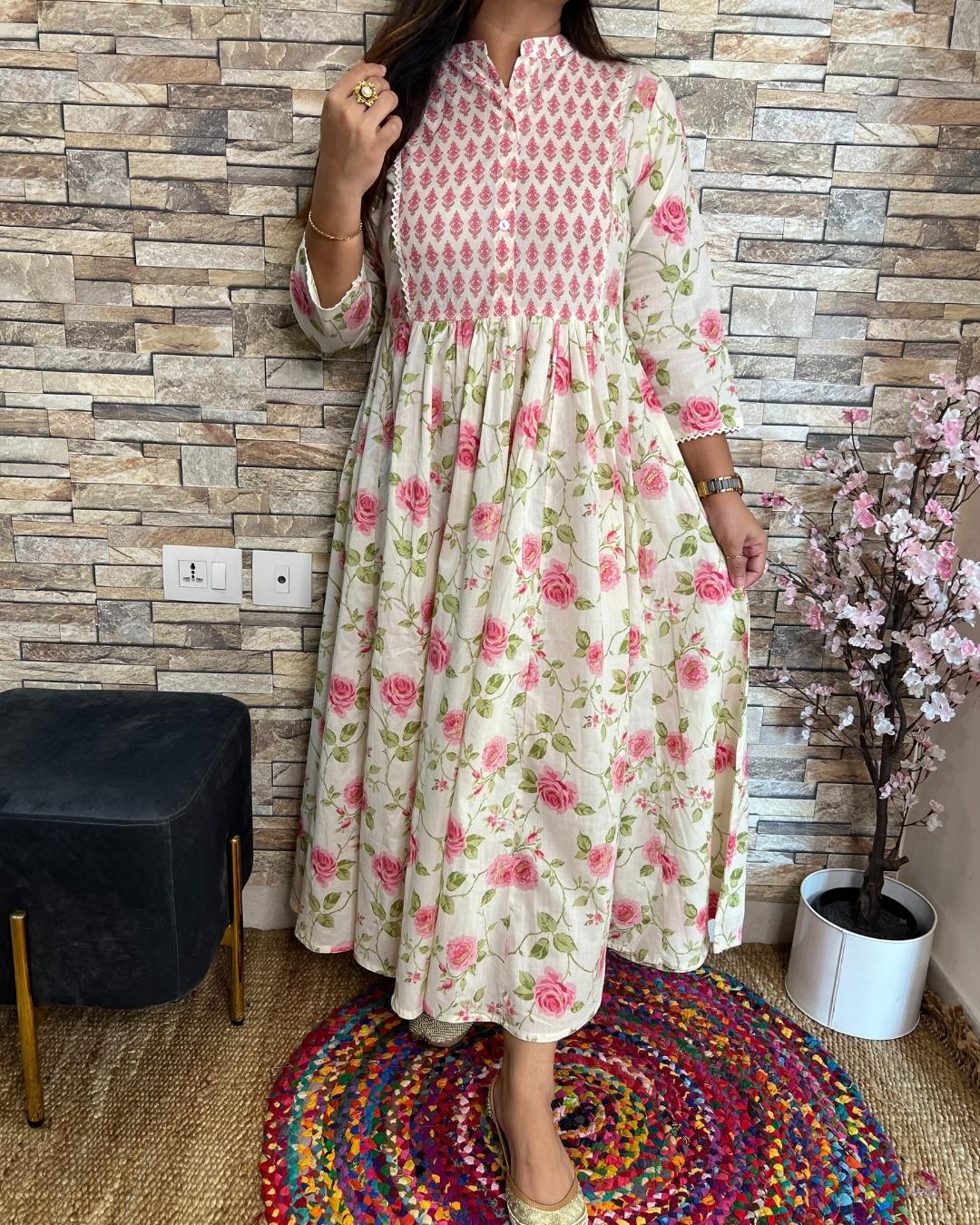 Cotton floral long Gown - The Jaipur Studio