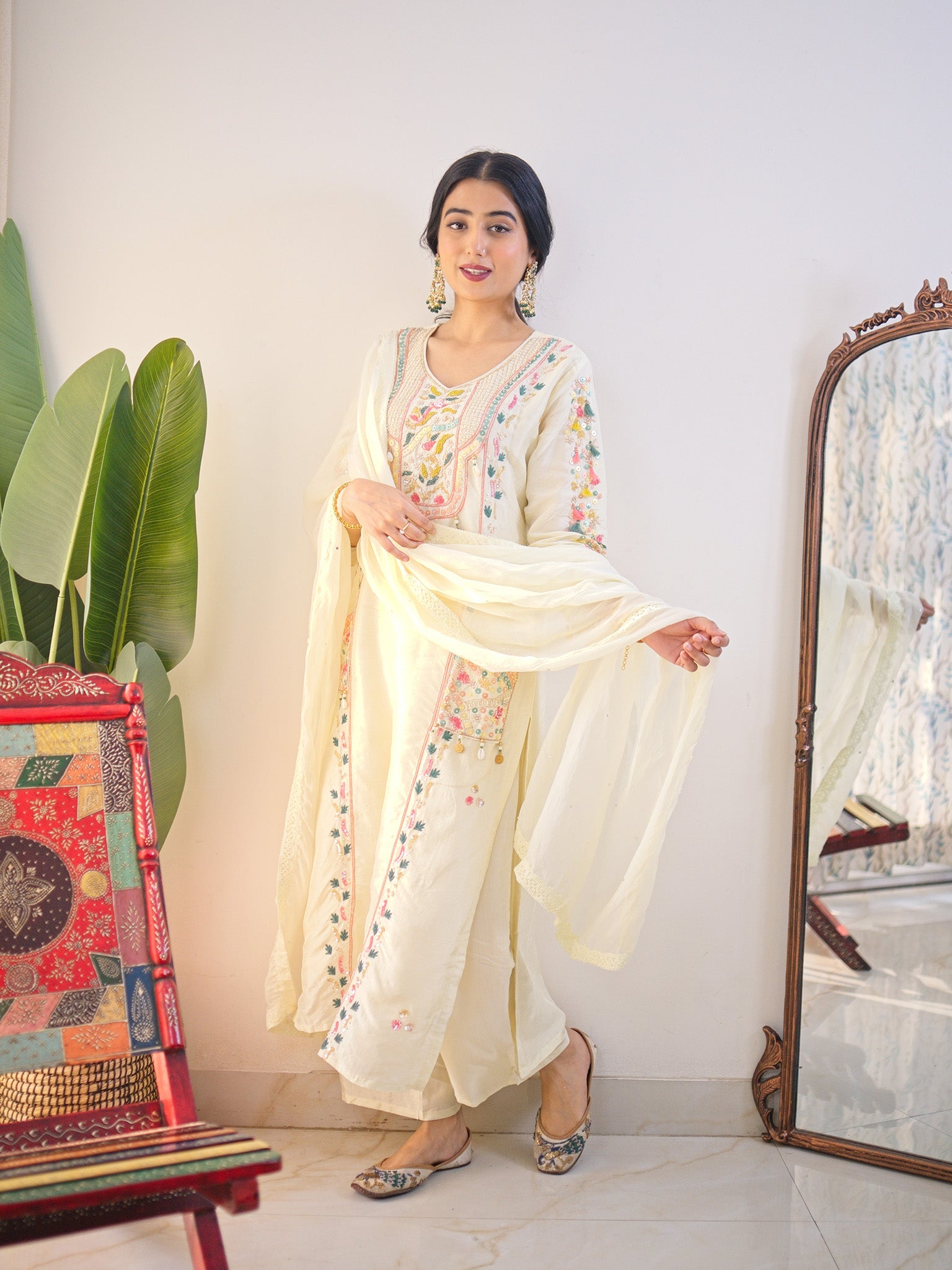 Sia offwhite Silk Festive HandEmbroidered Pant Set