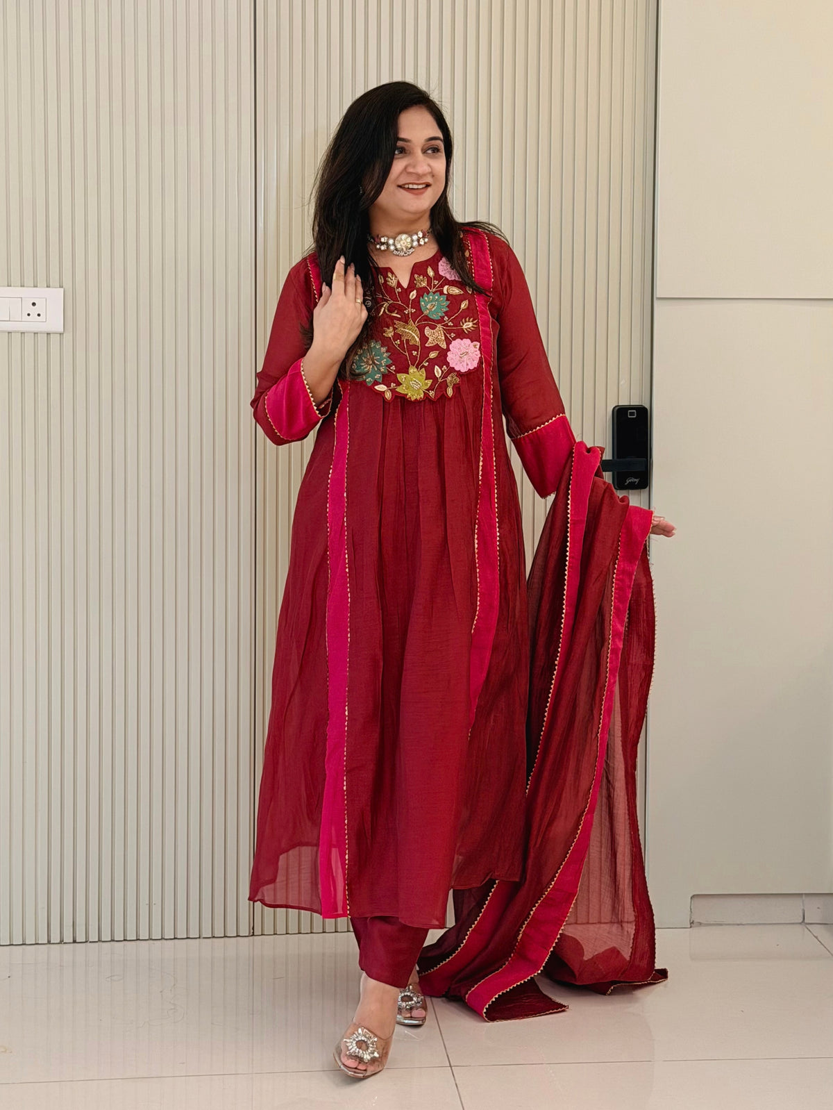 Sejal Mergenta Pink Mul Chanderi HandEmbroidered A-line Dupatta Set