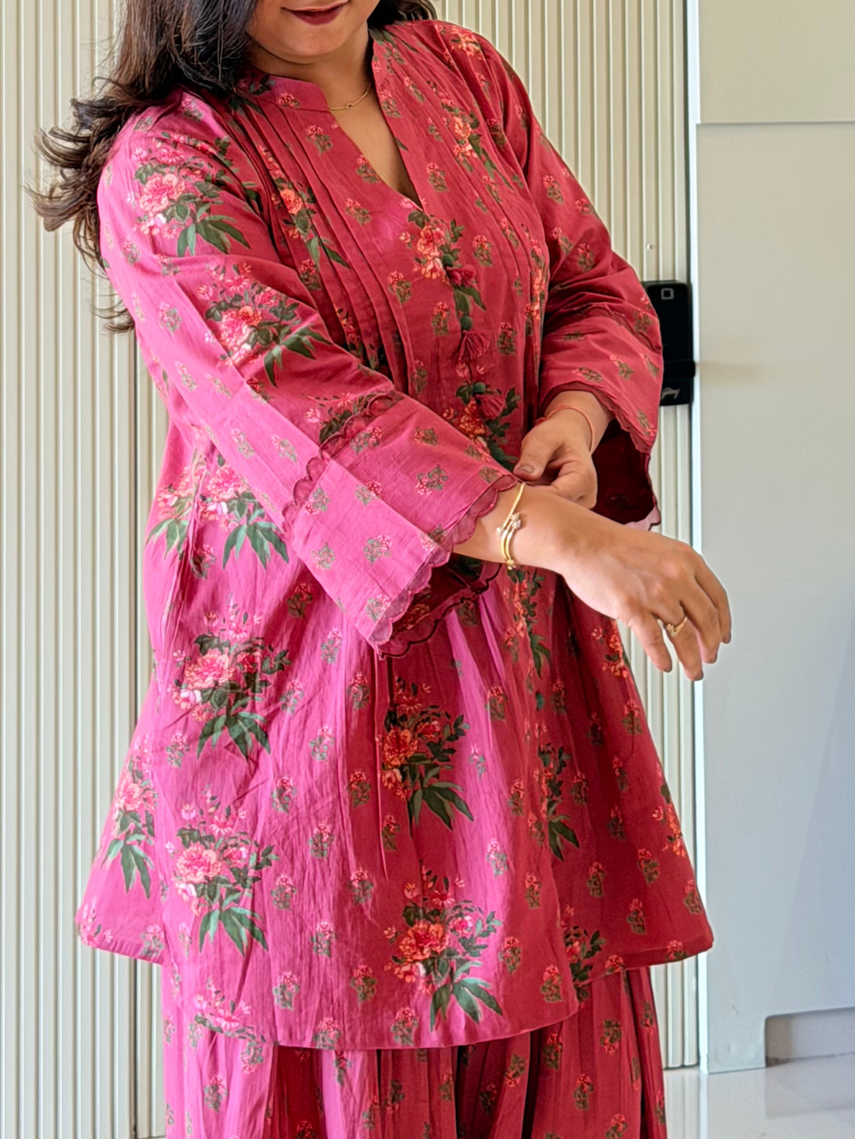 Zubeda Pink Cotton Floral A-line Farshi Coord Set