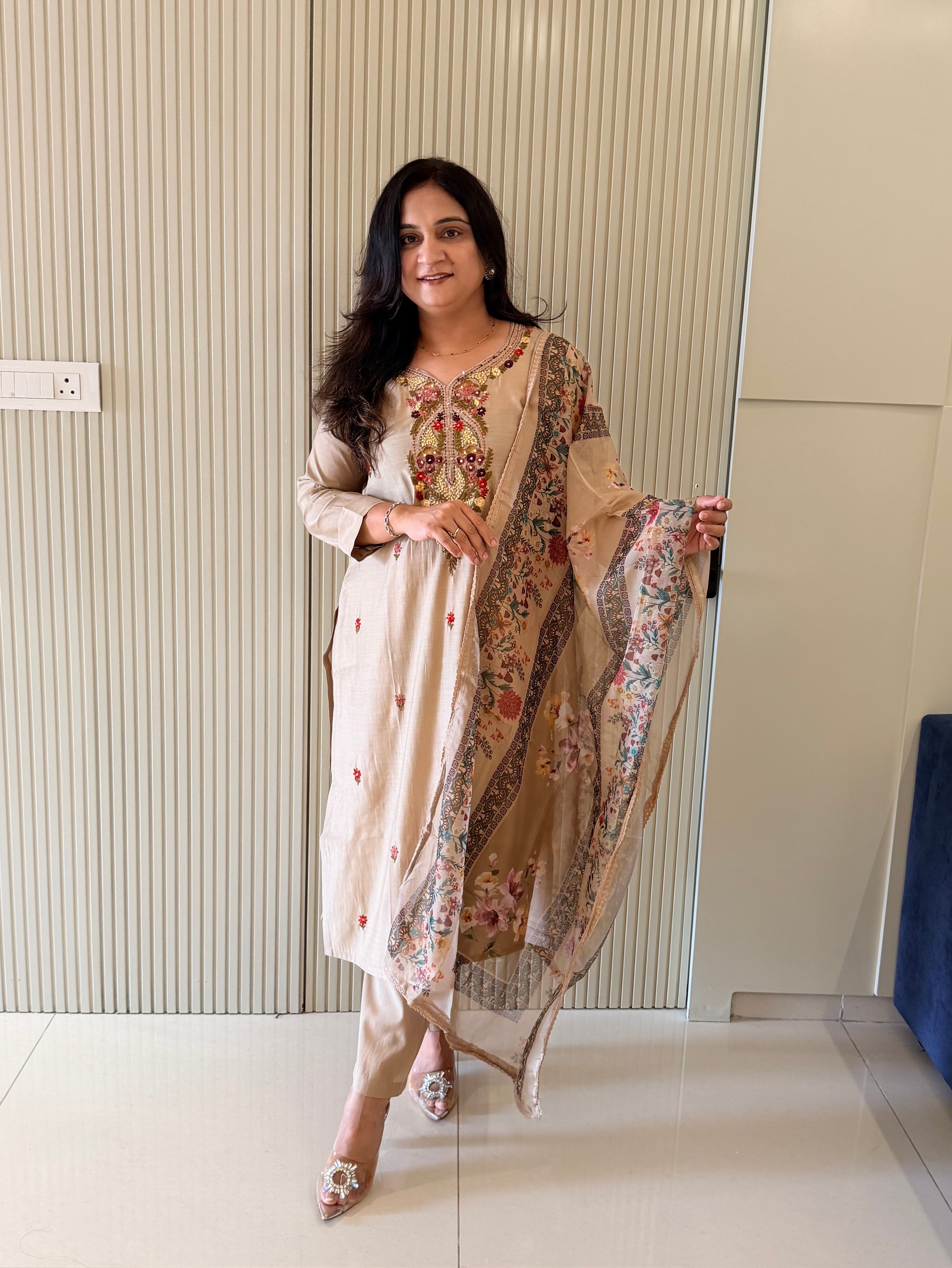 Rubina Beige Modal Silk HandEmbroidered Dupatta Set