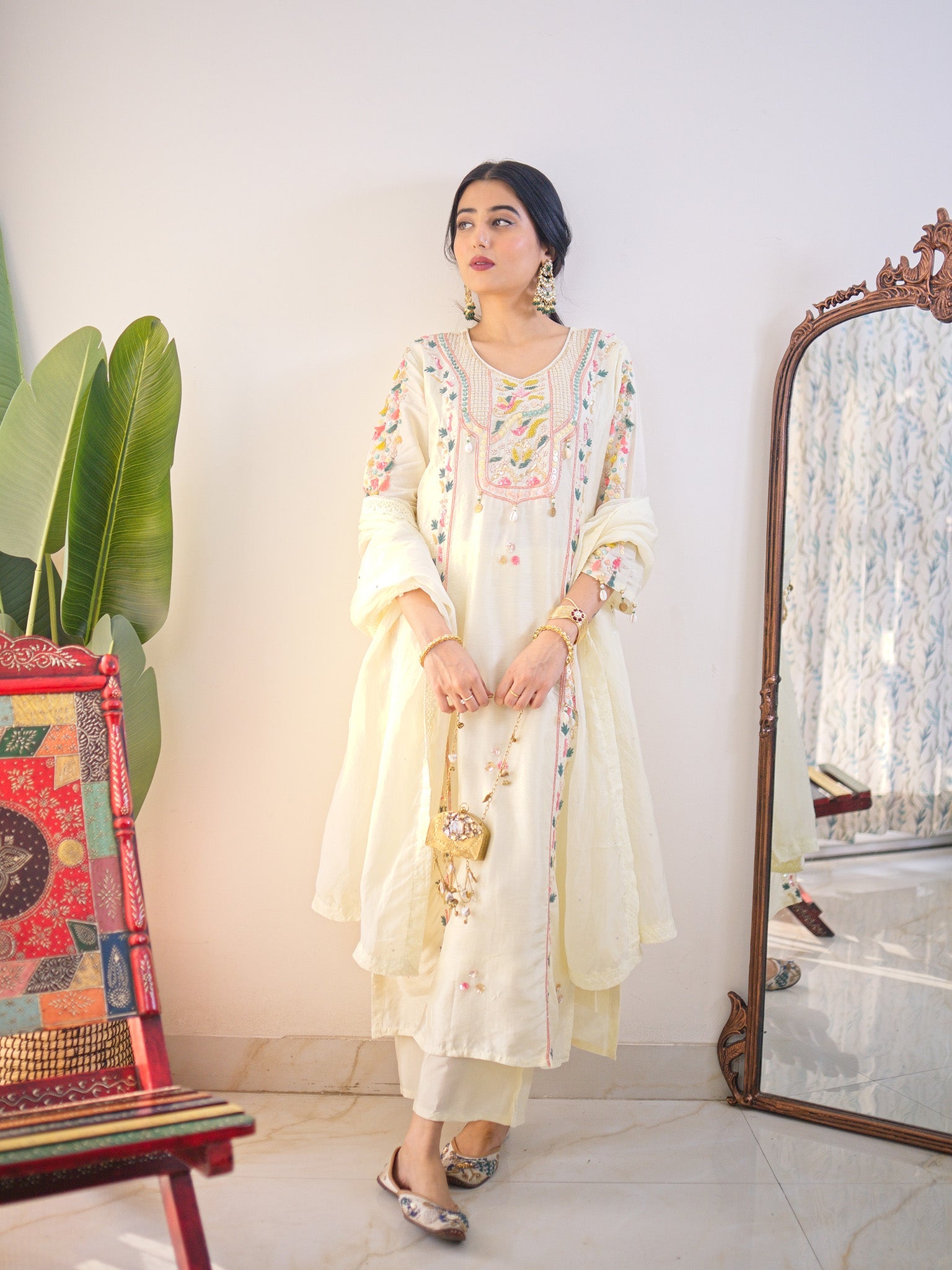 Sia offwhite Silk Festive HandEmbroidered Pant Set