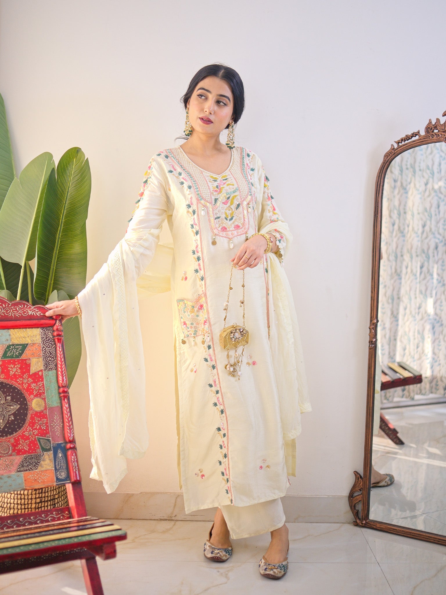 Sia offwhite Silk Festive HandEmbroidered Pant Set